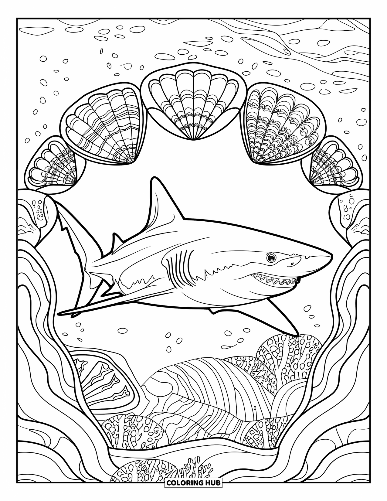 Tiger Shark Coloring Page for Adults: Tiger shark swimming forward framed by ornate shells and coral mandala