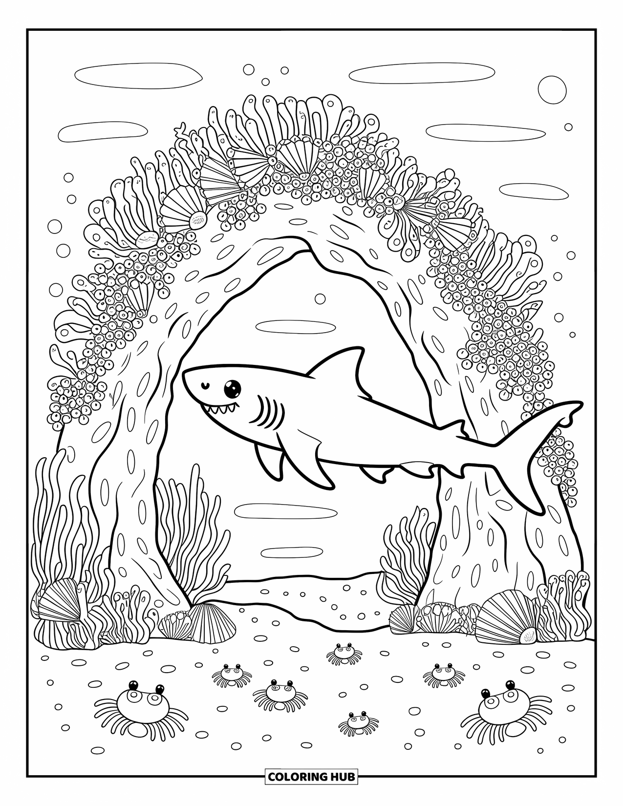 Tiger Shark Coloring Page for Adults: Tiger shark swimming past a decorated rock arch with tiny crabs below