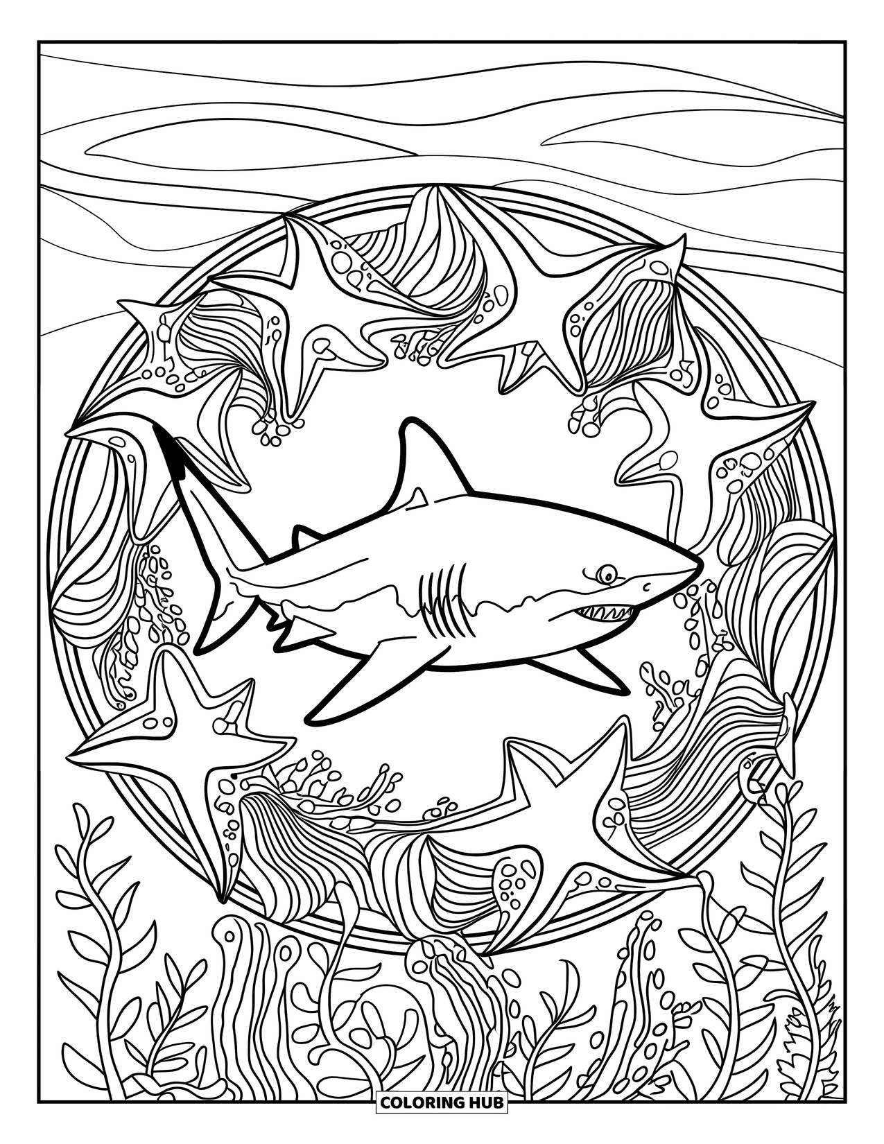Tiger Shark Coloring Page for Adults: Tiger shark with mandala of starfish and plants, bordered and framed by waves