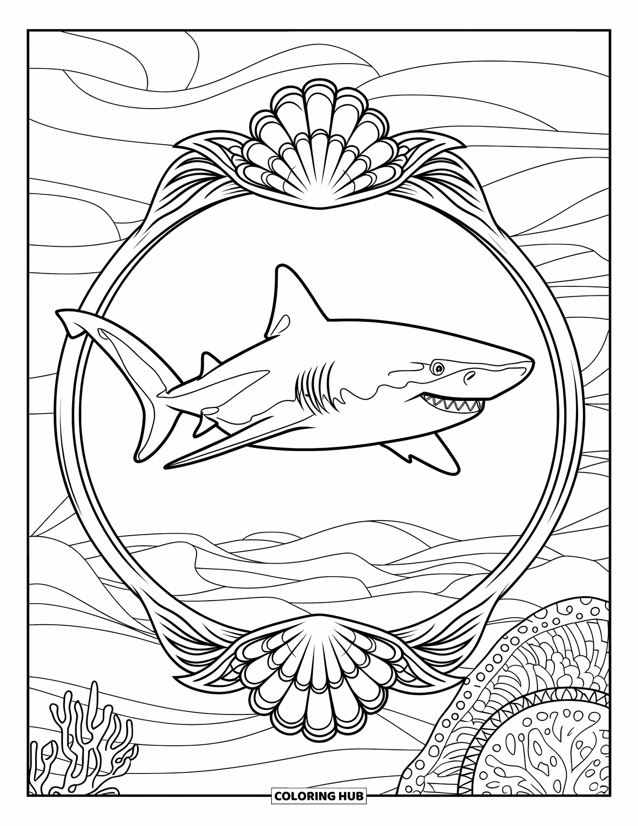Tiger Shark Coloring Page for Adults: Tiger shark with ornate shell and coral mandala above waves and coral