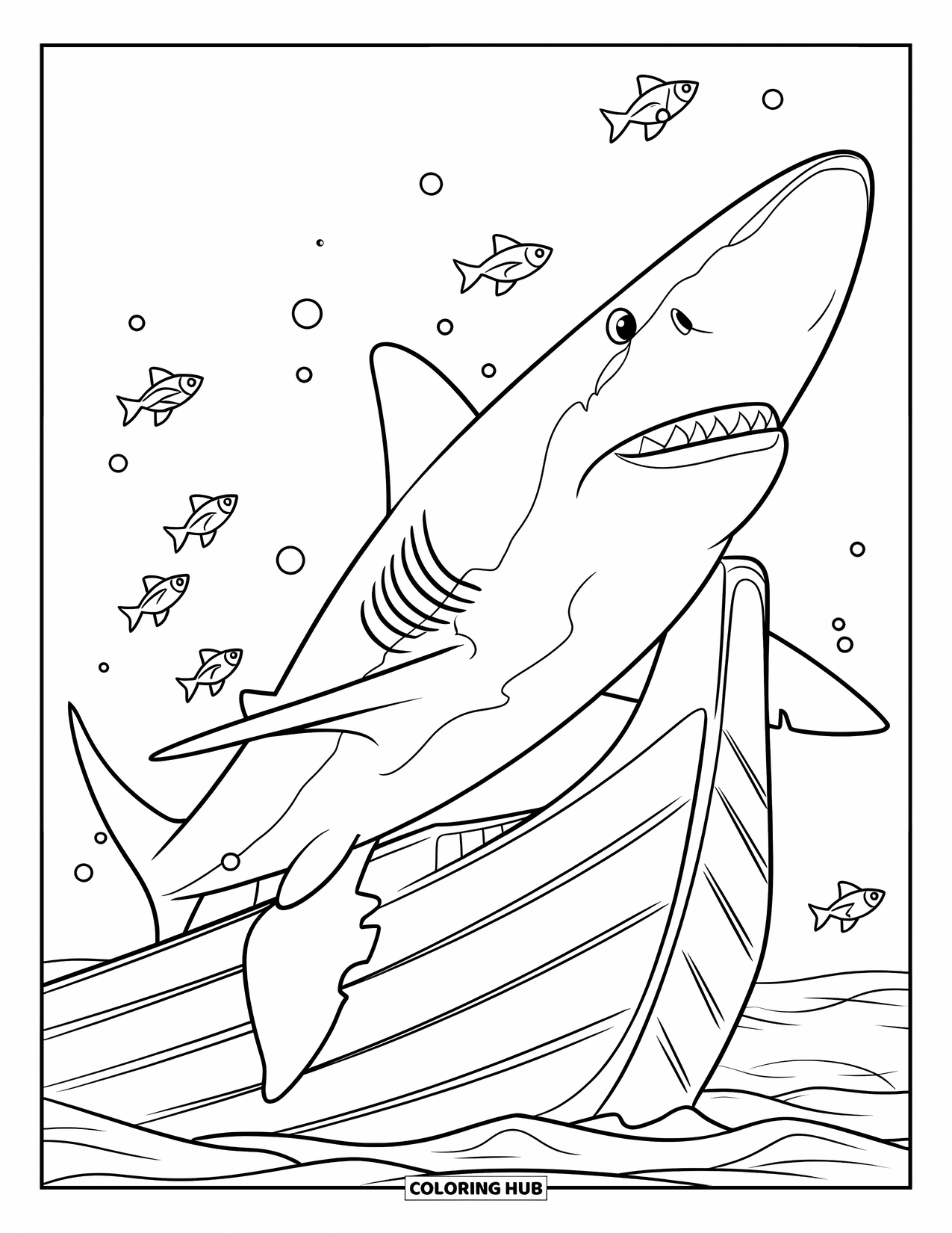 Tiger Shark Coloring Page for Kids: Tiger shark above a shipwreck surrounded by small fish