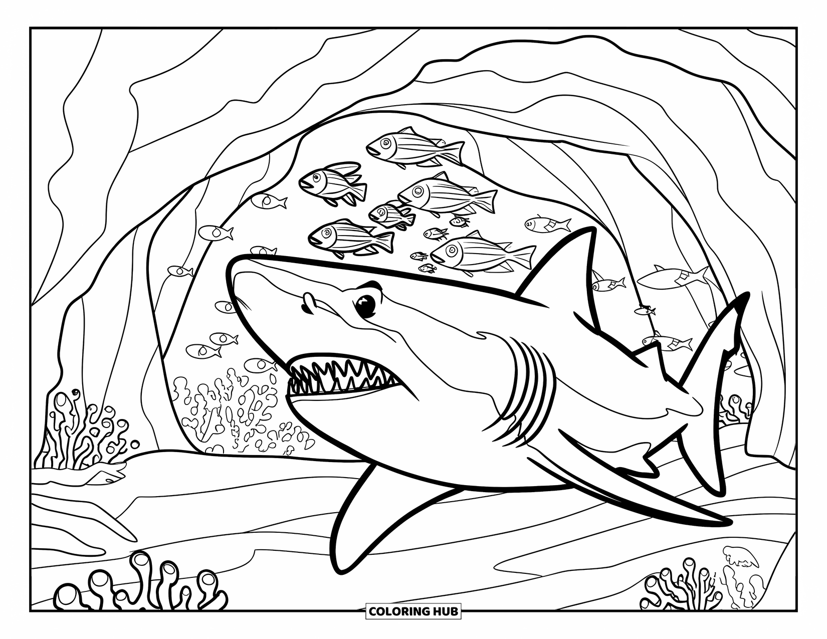 Tiger Shark Coloring Page for Kids: Tiger shark at a reef cave filled with fish, coral, and marine plants