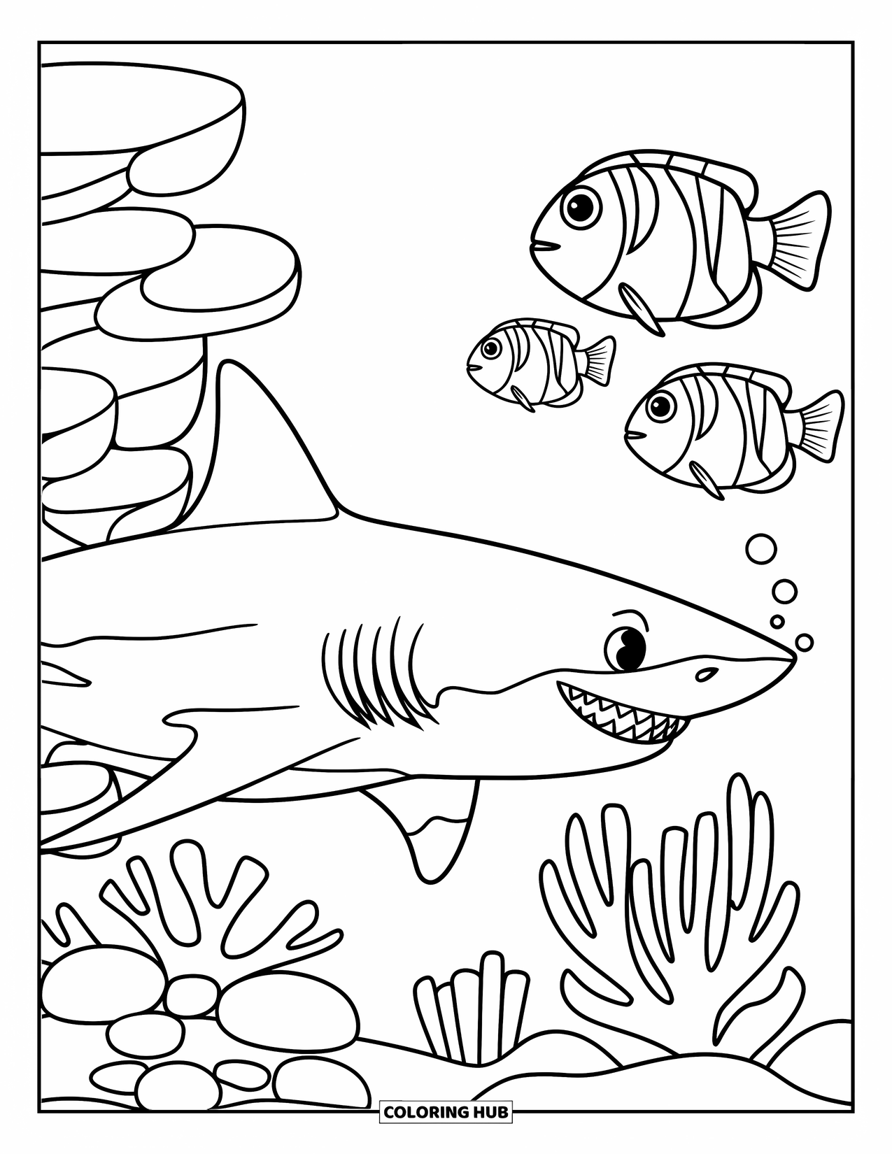Tiger Shark Coloring Page for Kids: Tiger shark by large coral shapes and three fish