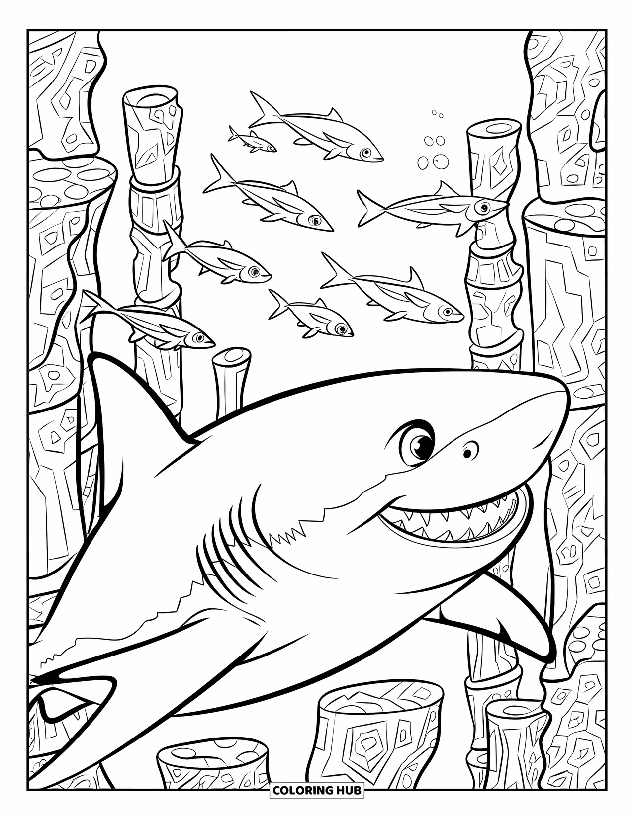 Tiger Shark Coloring Page for Kids: Tiger shark chasing fish through patterned coral pillars