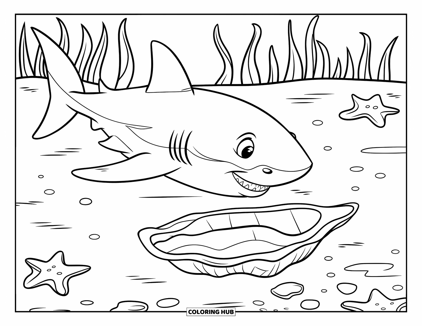 Tiger Shark Coloring Page for Kids: Tiger shark cheerfully gliding above shell with starfish