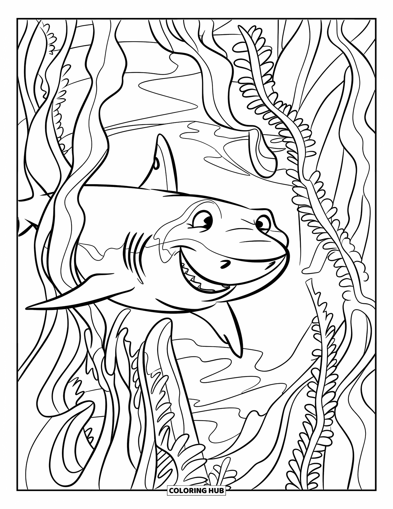 Tiger Shark Coloring Page for Kids: Tiger shark grinning while swimming among kelp fronds