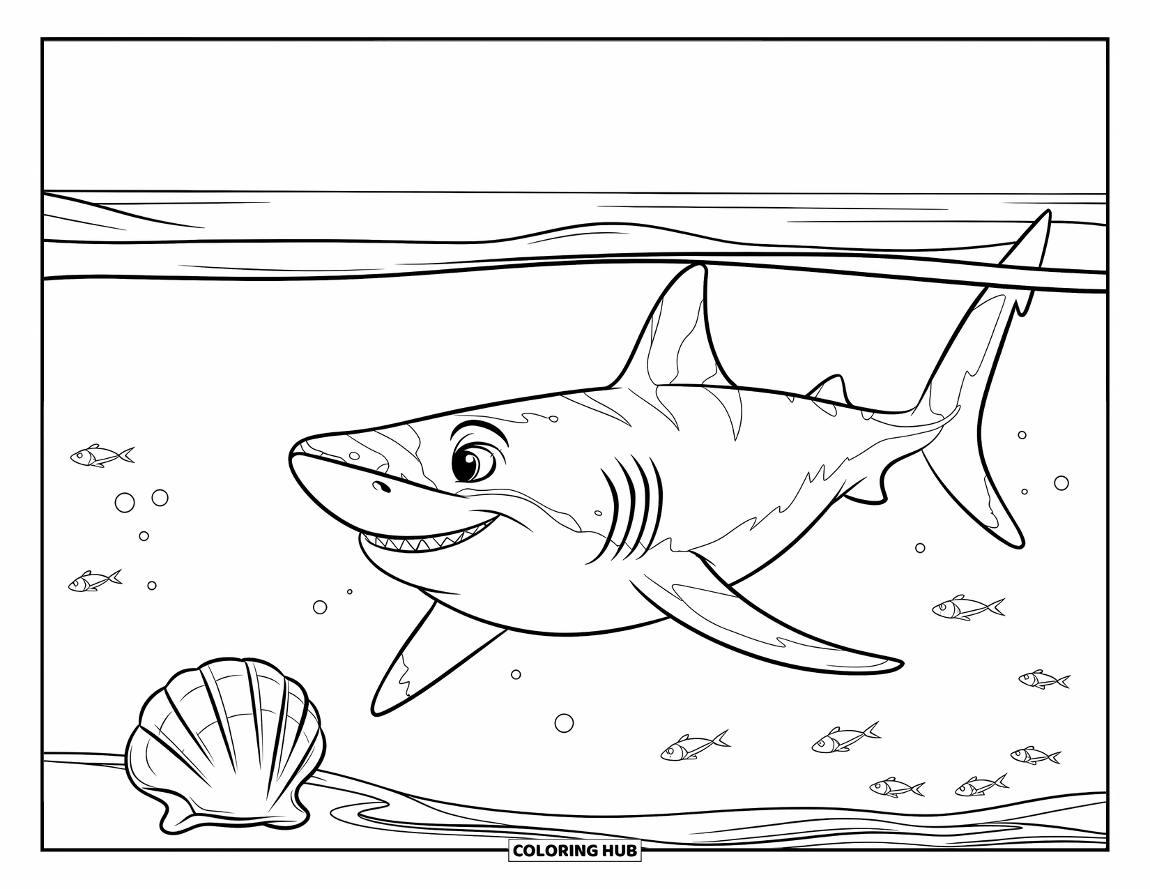 Tiger Shark Coloring Page for Kids: Tiger shark grinning while swimming over a shell