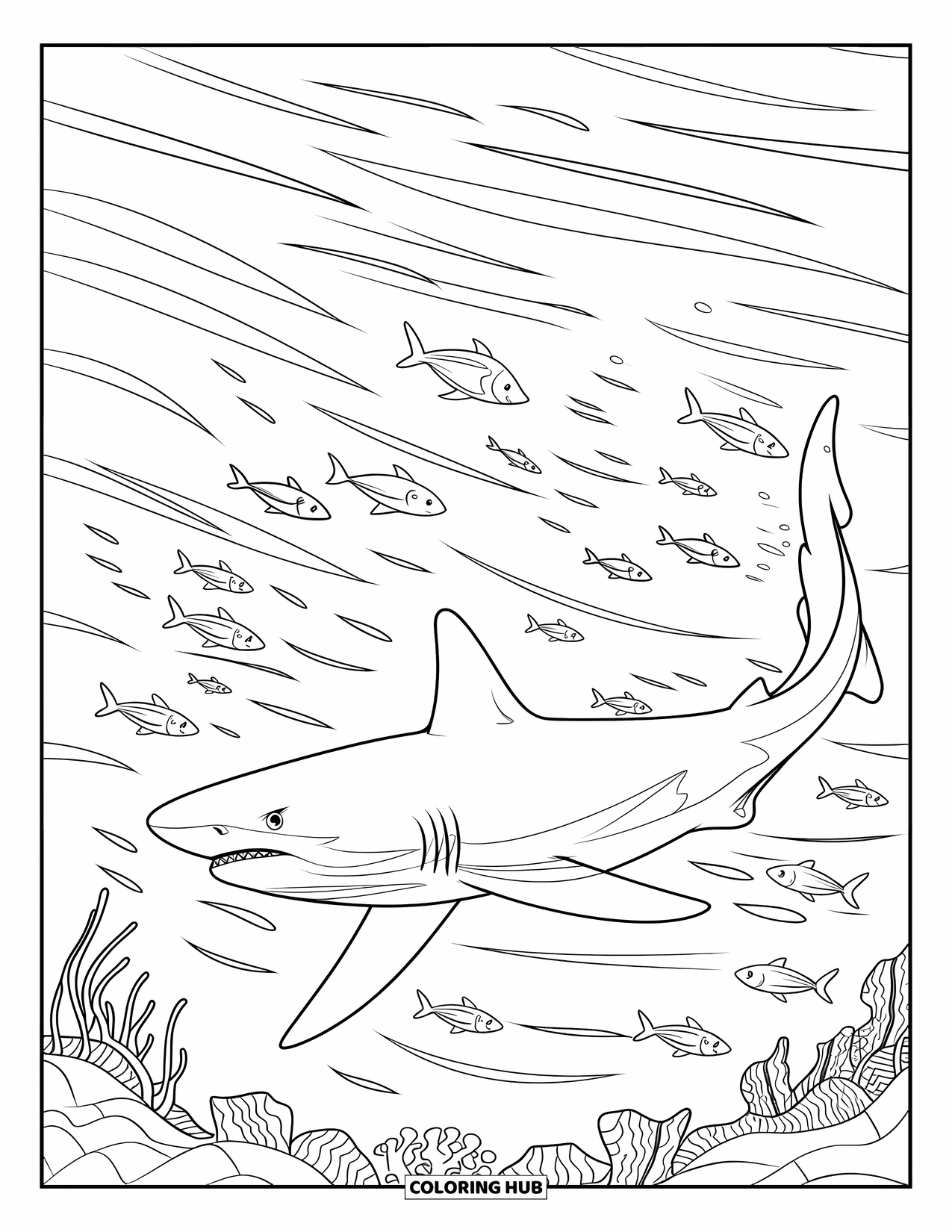Tiger Shark Coloring Page for Kids: Tiger shark in ocean waves with fish and seaweed nearby