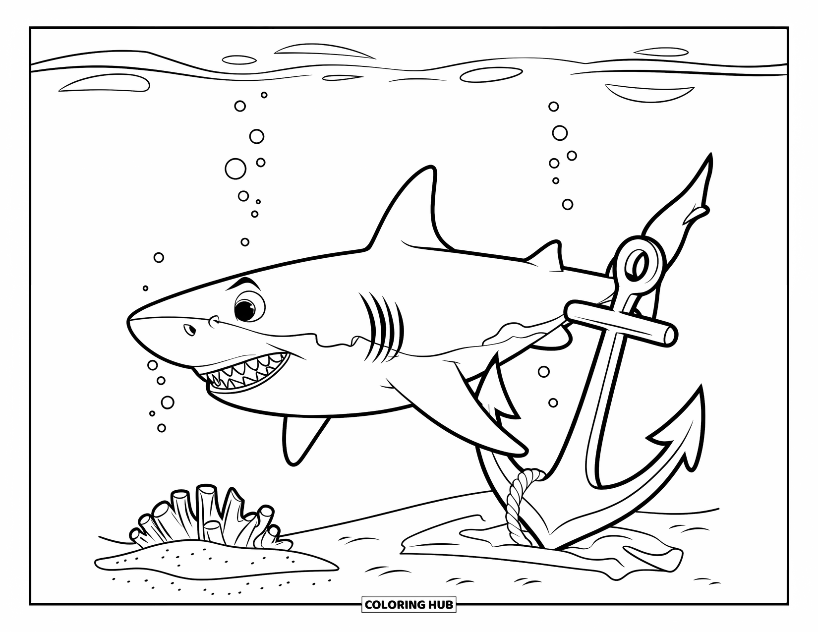 Tiger Shark Coloring Page for Kids: Tiger shark open-mouthed by anchor buried in sand