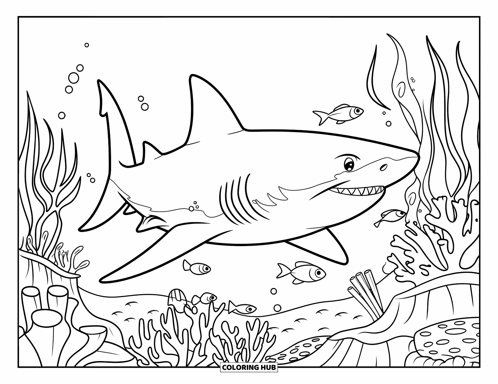 Tiger Shark Coloring Page for Kids: Tiger shark over coral with fish and swaying seaweed