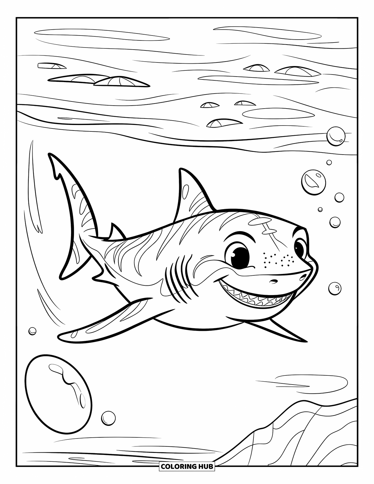 Tiger Shark Coloring Page for Kids: Tiger shark smiling in ocean with rocks in the distance