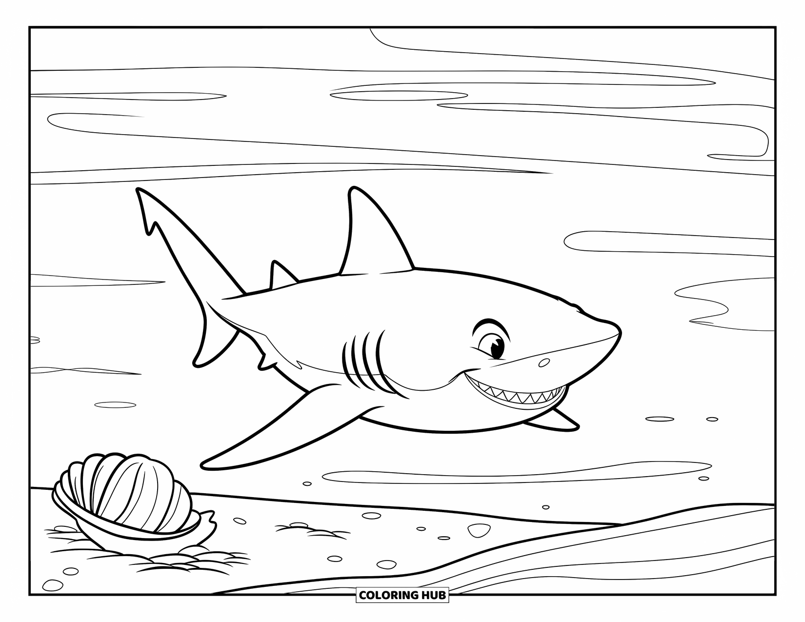 Tiger Shark Coloring Page for Kids: Tiger shark smiling over shell in calm sea