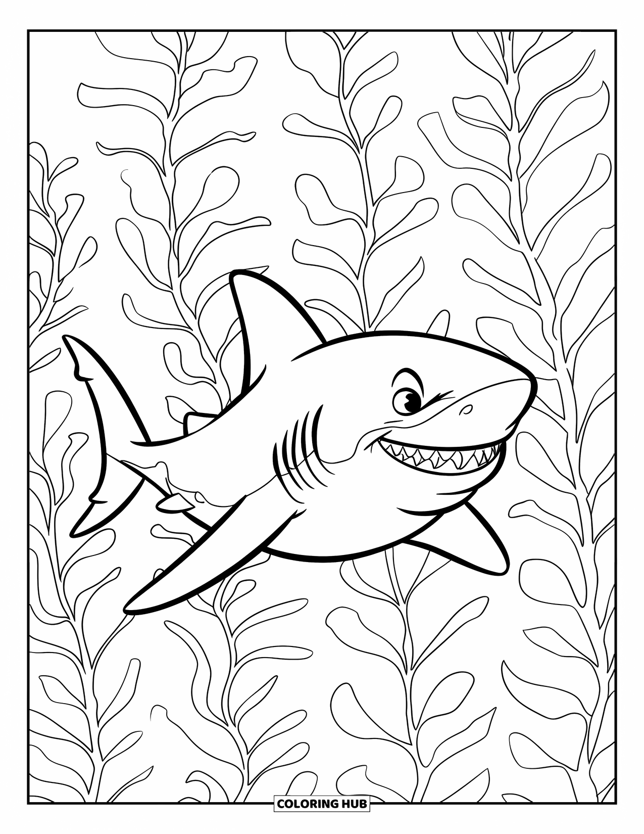 Tiger Shark Coloring Page for Kids: Tiger shark smiling while gliding past tall kelp plants