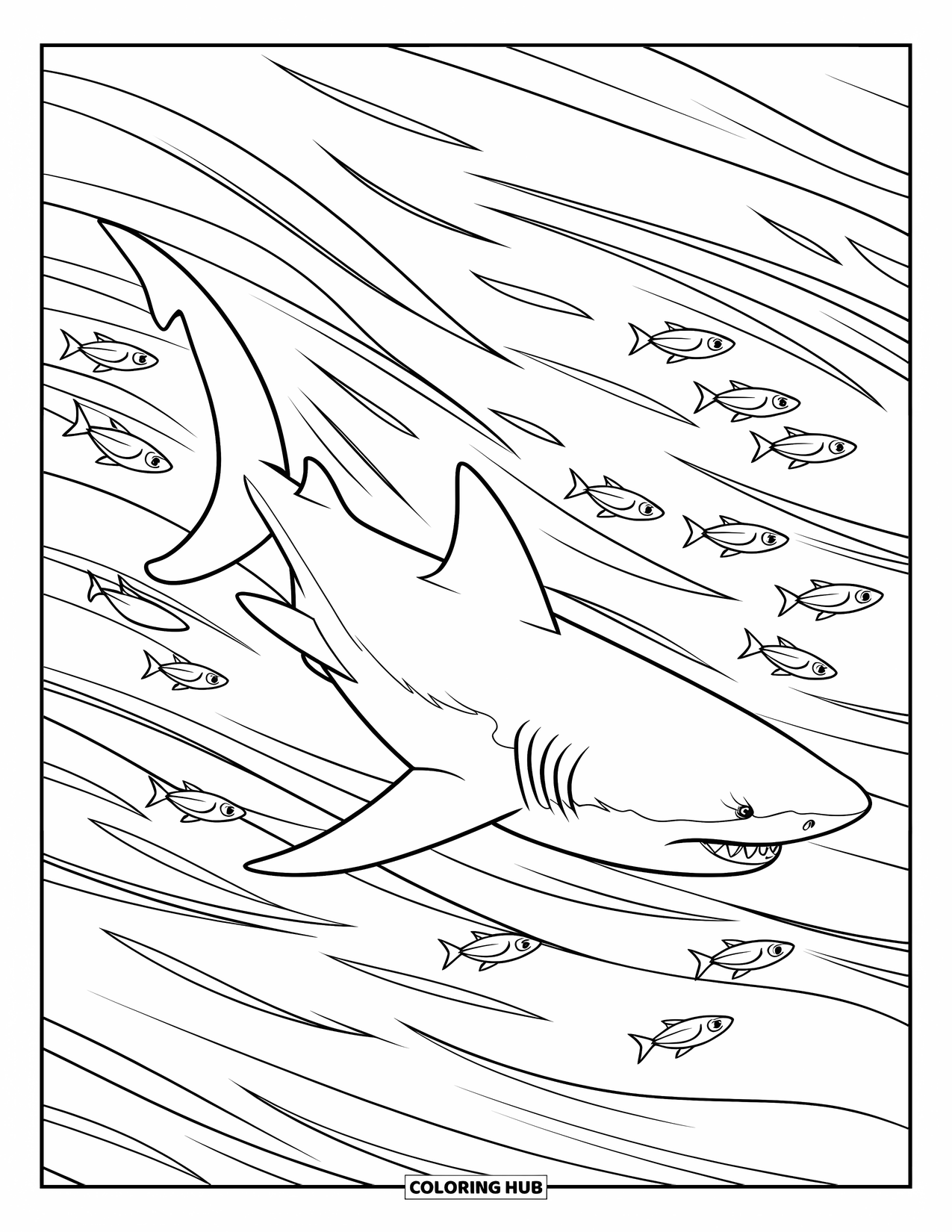 Tiger Shark Coloring Page for Kids: Tiger shark surrounded by schooling fish in wavy water