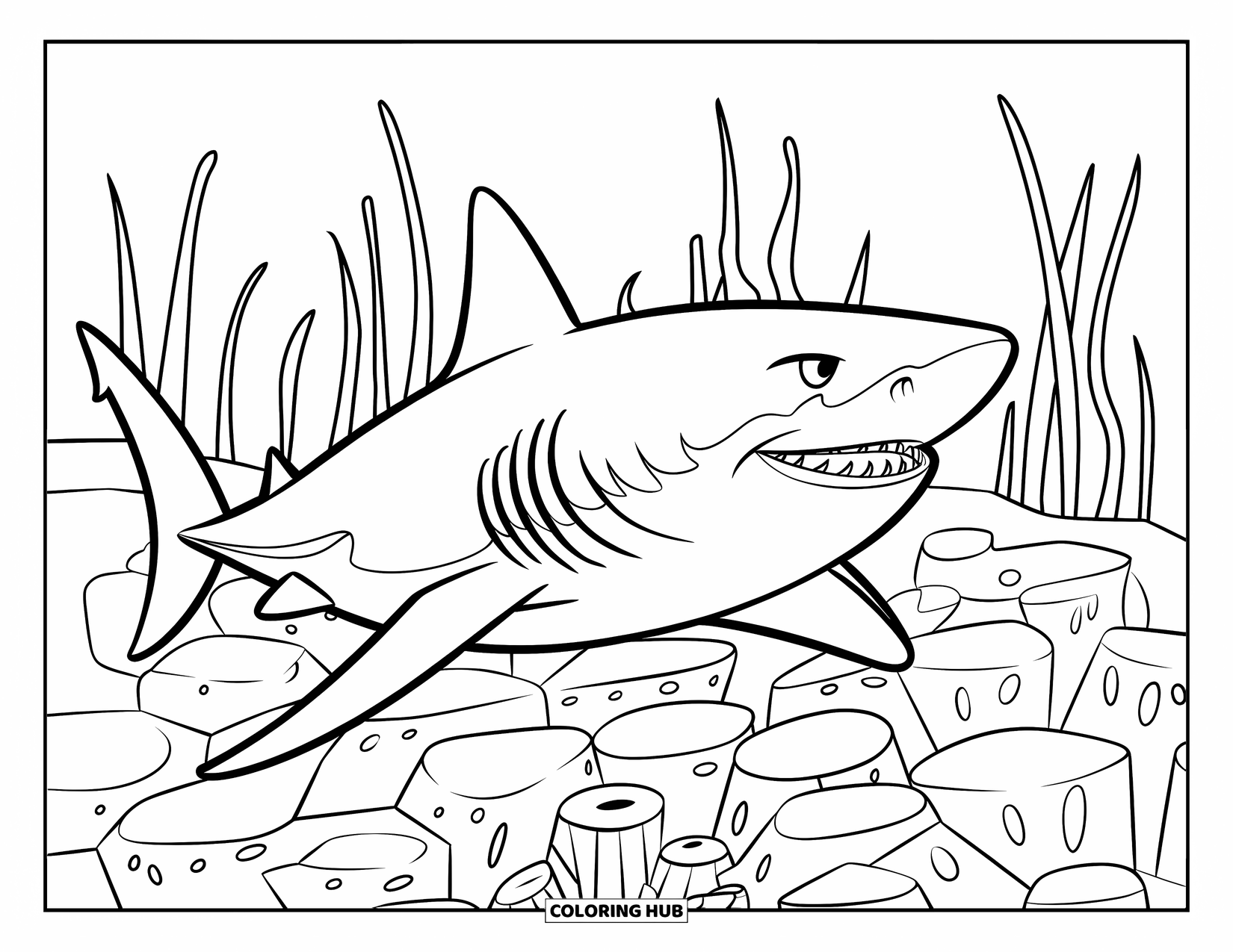 Tiger Shark Coloring Page for Kids: Tiger shark swimming above coral bed with various shapes