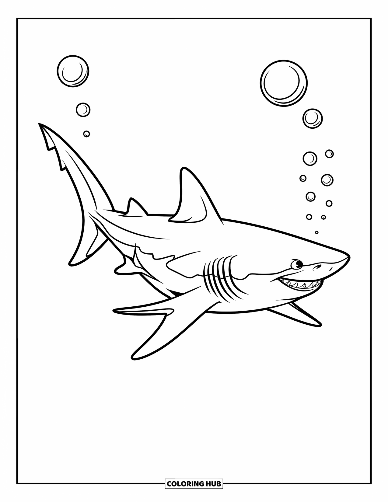 Tiger Shark Coloring Page for Kids: Tiger shark swimming in open water with large bubbles