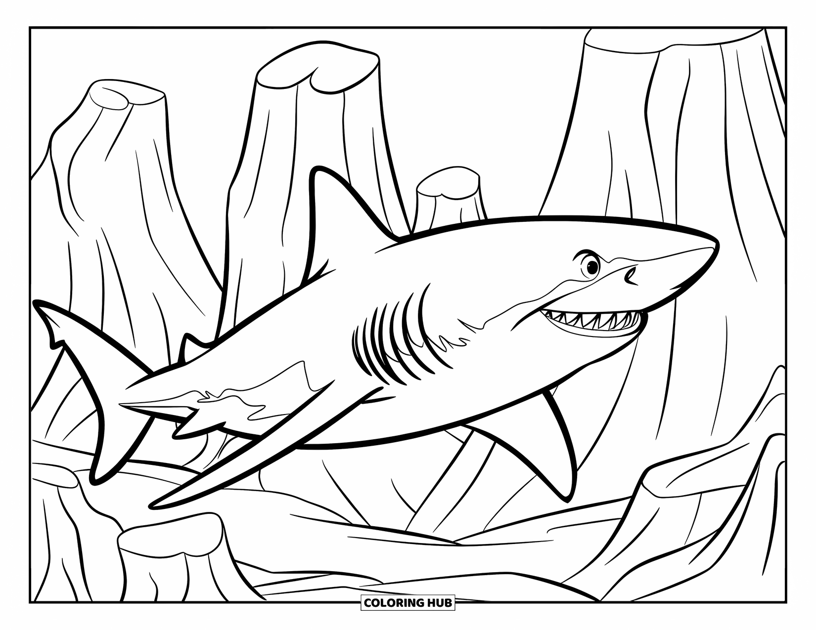 Tiger Shark Coloring Page for Kids: Tiger shark swimming near underwater volcanic rocks