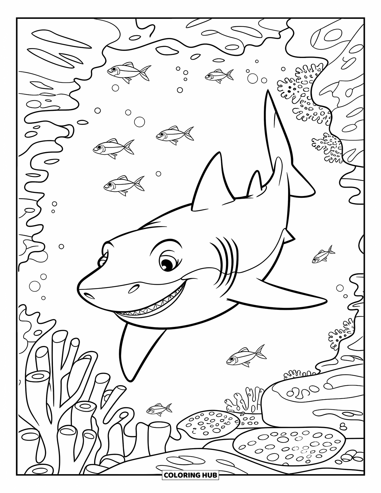 Tiger Shark Coloring Page for Kids: Tiger shark swimming through a coral reef with fish