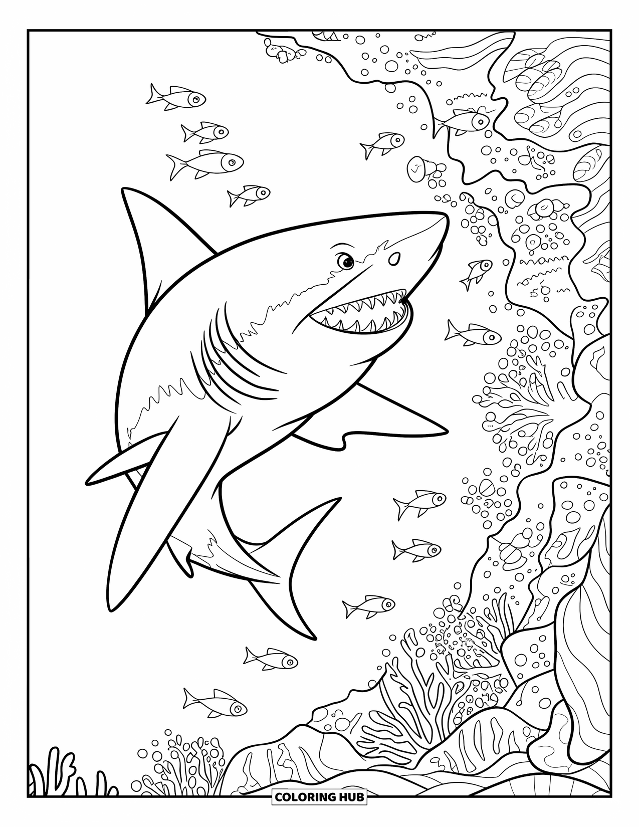 Tiger Shark Coloring Page for Kids: Tiger shark turning near a lively reef wall with fish