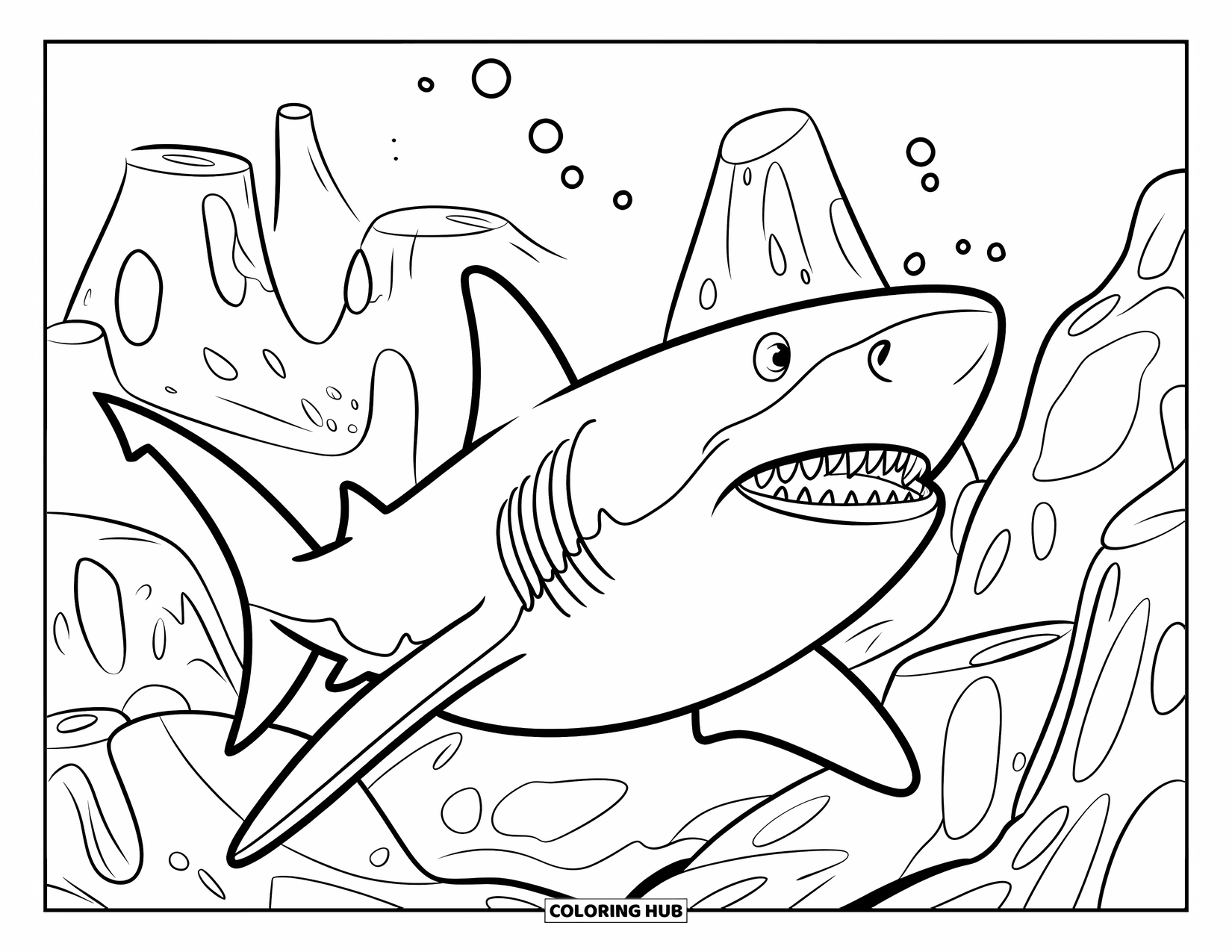 Tiger Shark Coloring Page for Kids: Tiger shark with bubbles near unique volcanic rock formations