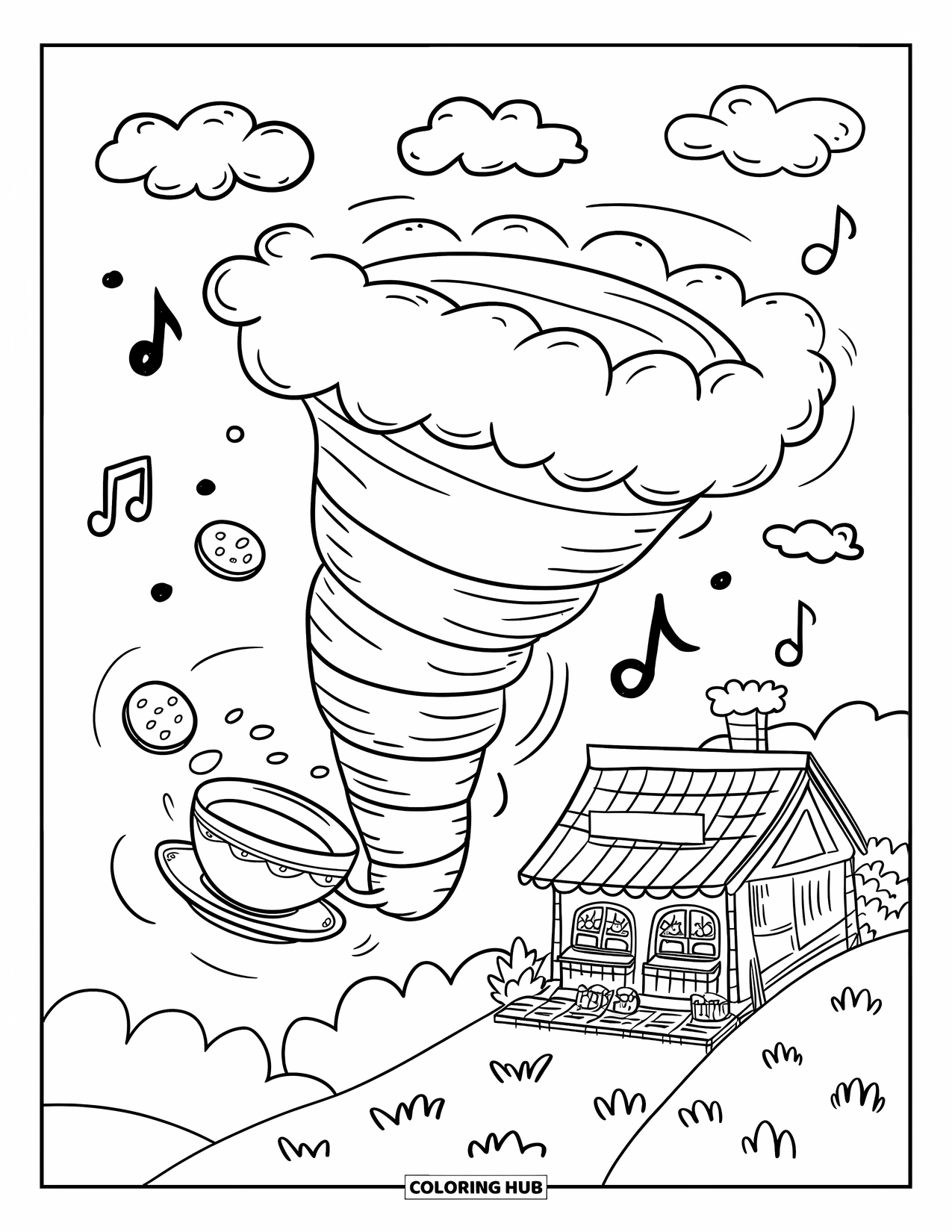 Tornado Coloring Page for Adults: A cheerful tornado spins a teacup and picnic cloth near a hilltop tea shop