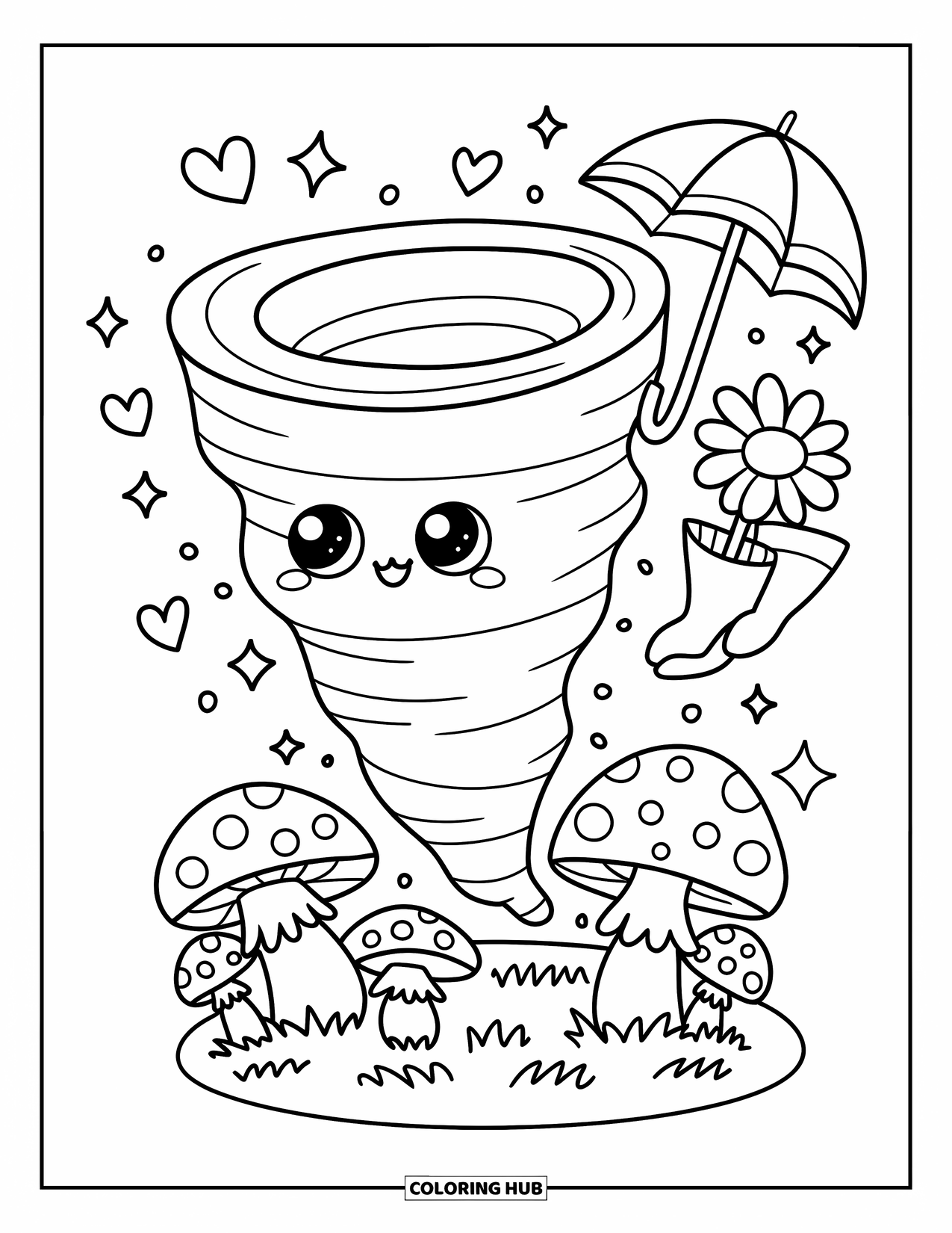 Tornado Coloring Page for Adults: A chubby tornado lifts a daisy, boots, and umbrella over mushrooms with sparkles all around