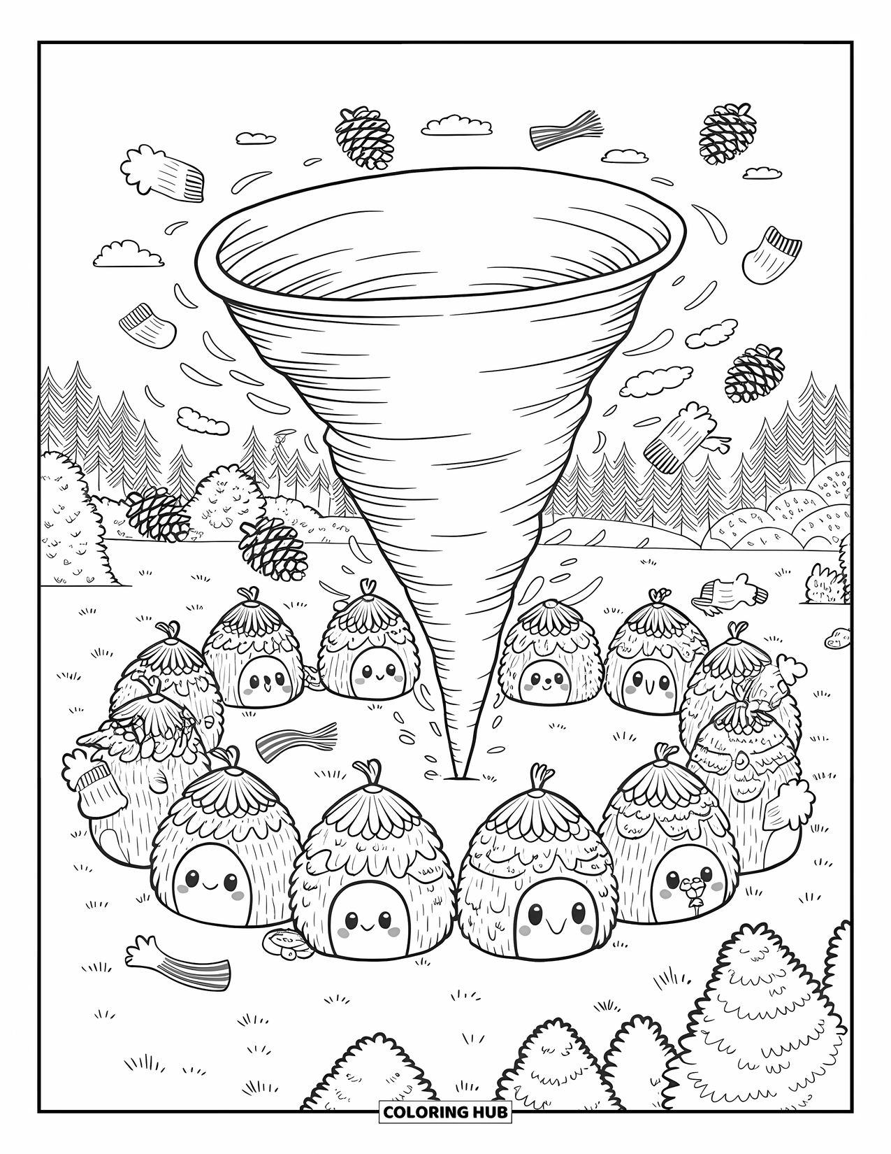 Tornado Coloring Page for Adults: A cozy tornado dances through an acorn village, lifting pinecones and warming forest friends