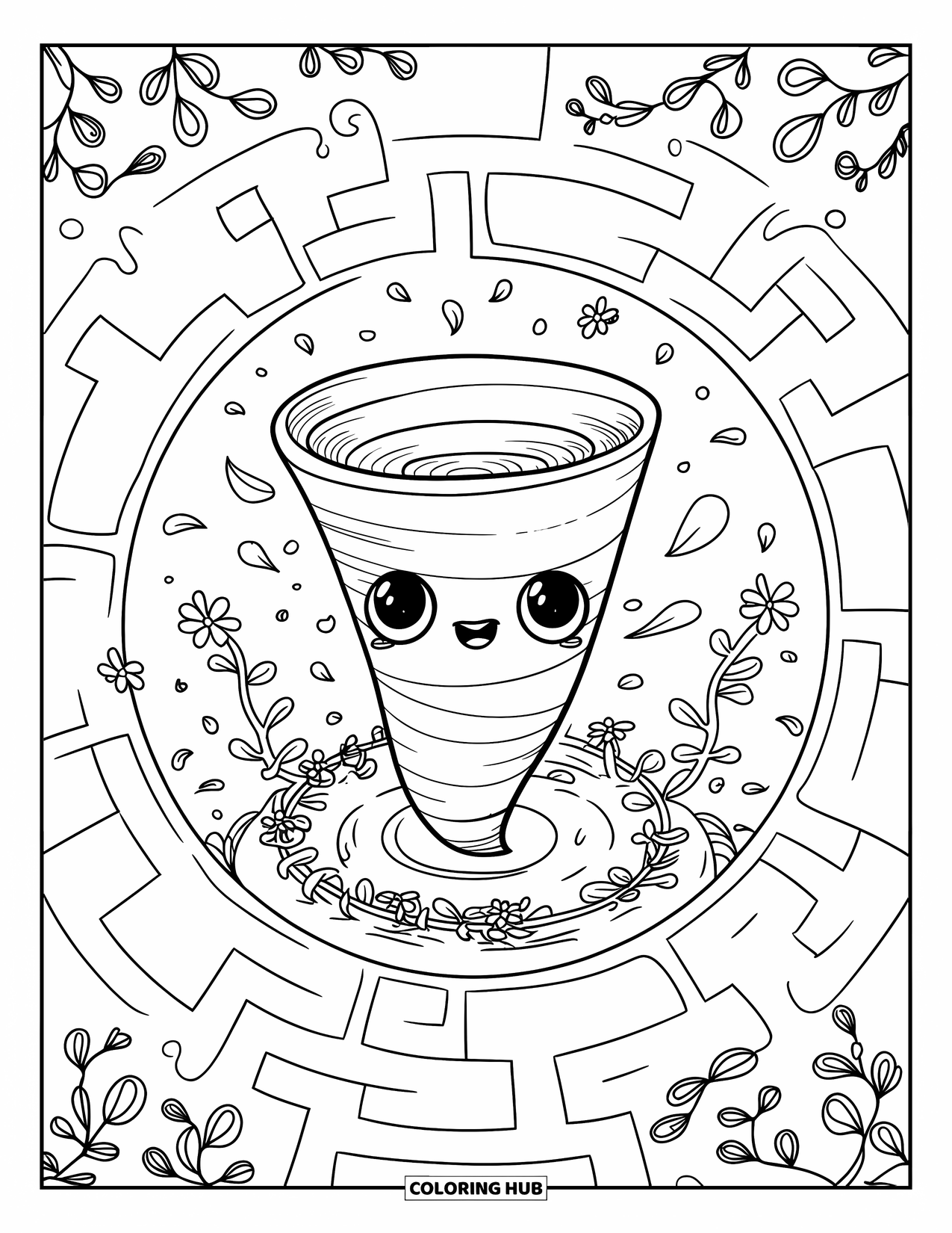 Tornado Coloring Page for Adults: A cozy tornado rests in a garden maze while petals and butterflies gently swirl around it