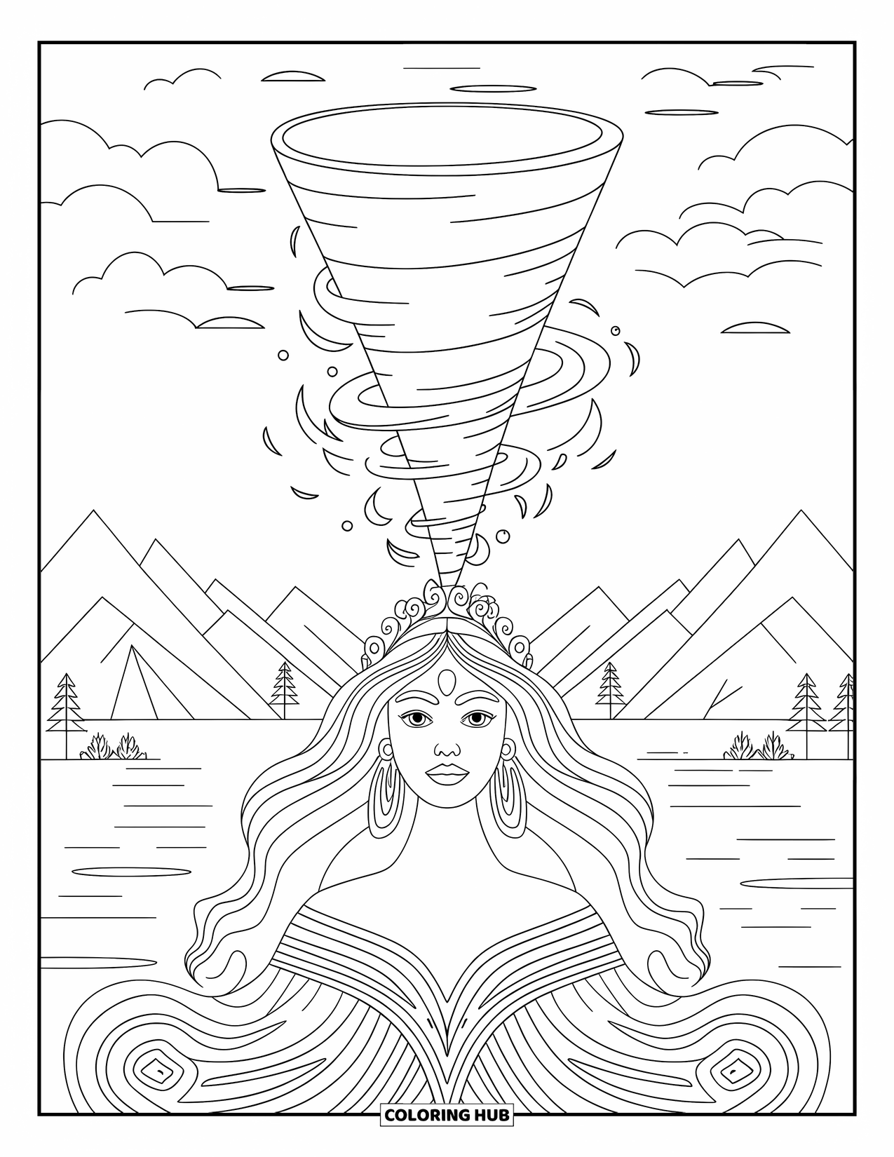Tornado Coloring Page for Adults: A crowned goddess forms a swirling tornado from her hair above peaceful nature scenery