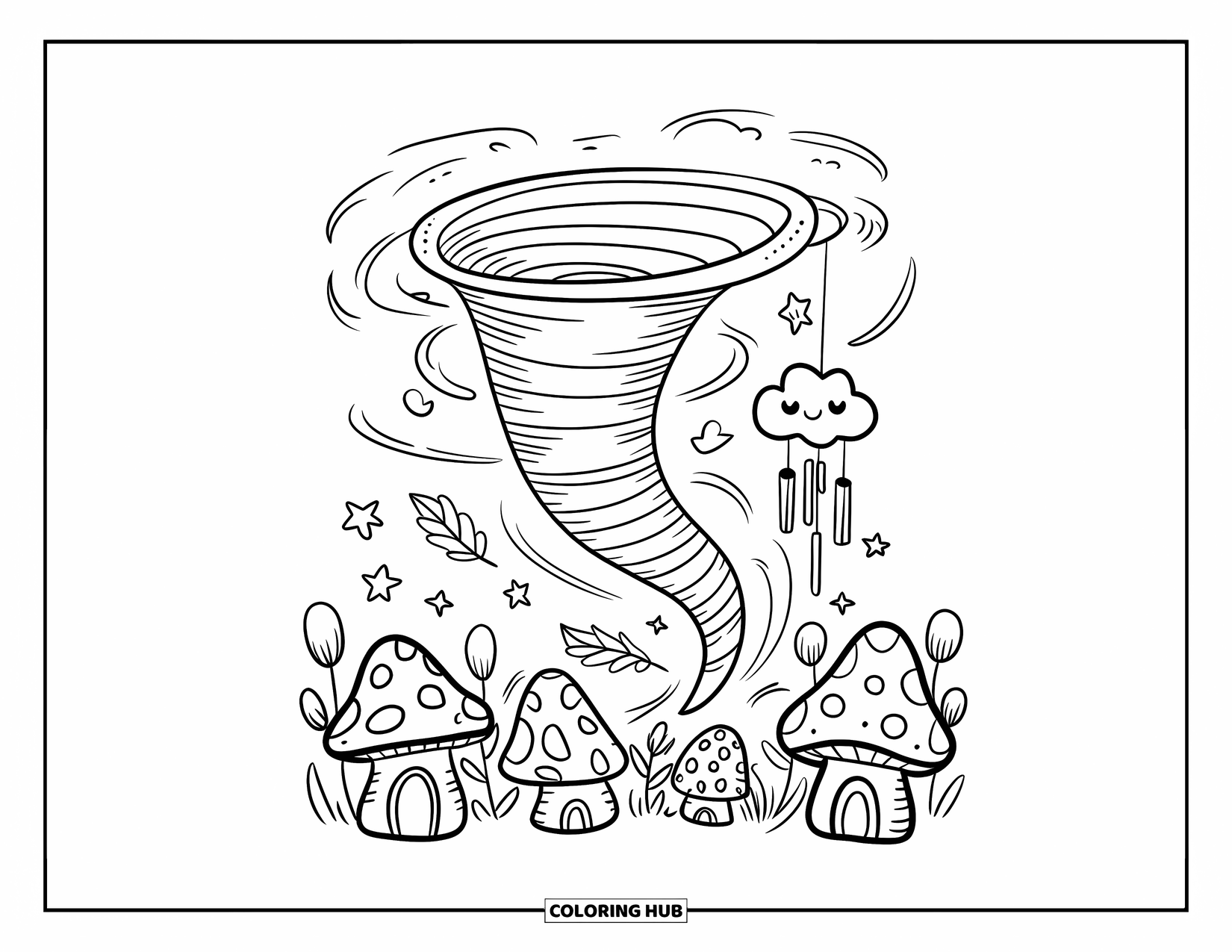Tornado Coloring Page for Adults: A cute tornado floats past mushroom homes, carrying stars, leaves, and a smiling wind chime