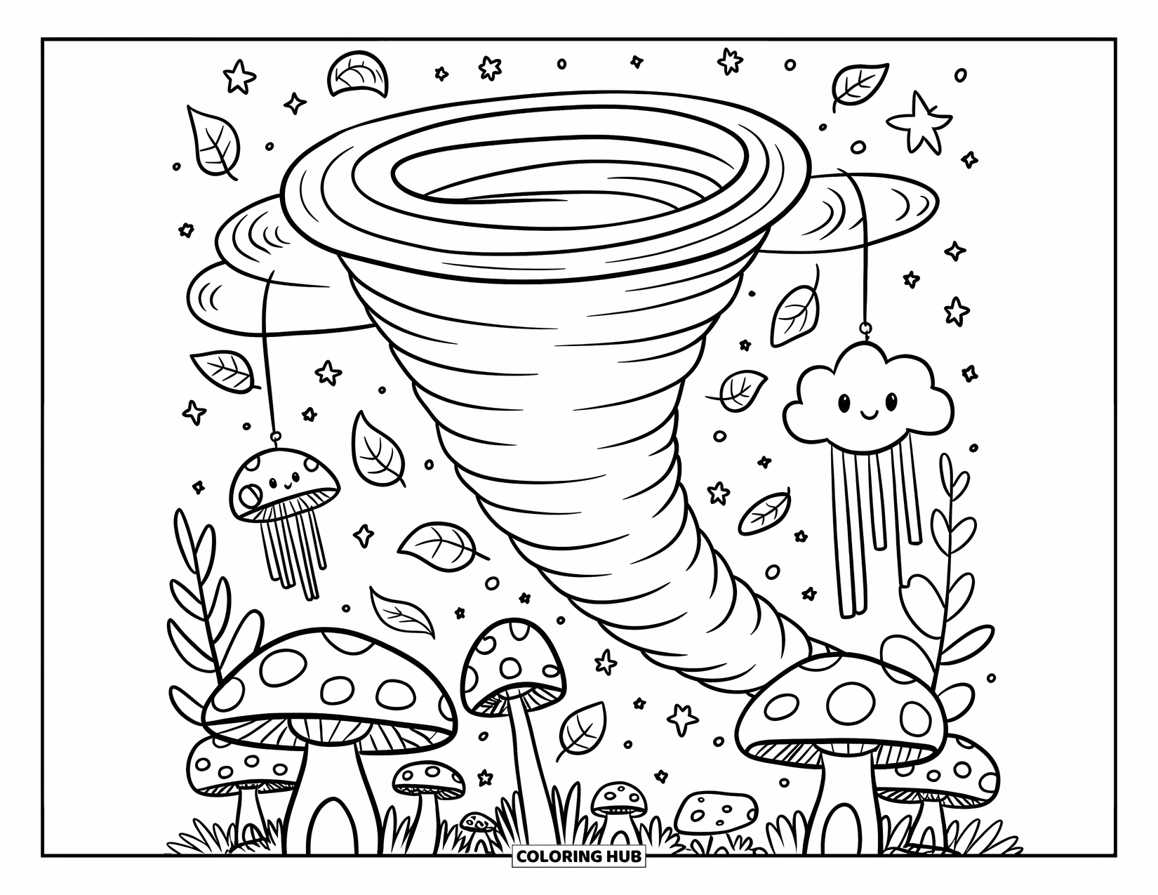 Tornado Coloring Page for Adults: A friendly tornado swirls through a village of mushroom houses with stars and a wind chime