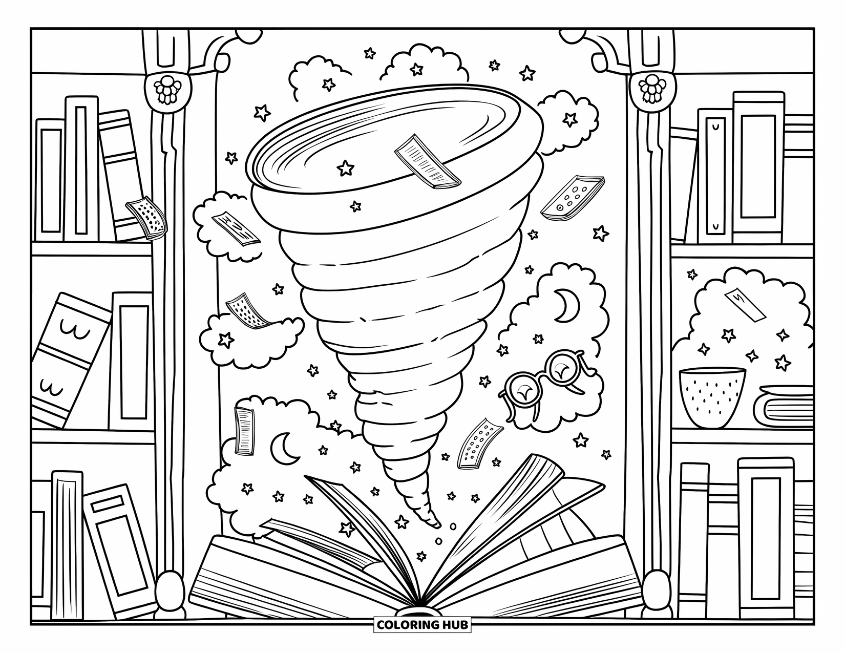 Tornado Coloring Page for Adults: A gentle tornado stirs books and dreamy icons inside a cozy nook between bookshelves