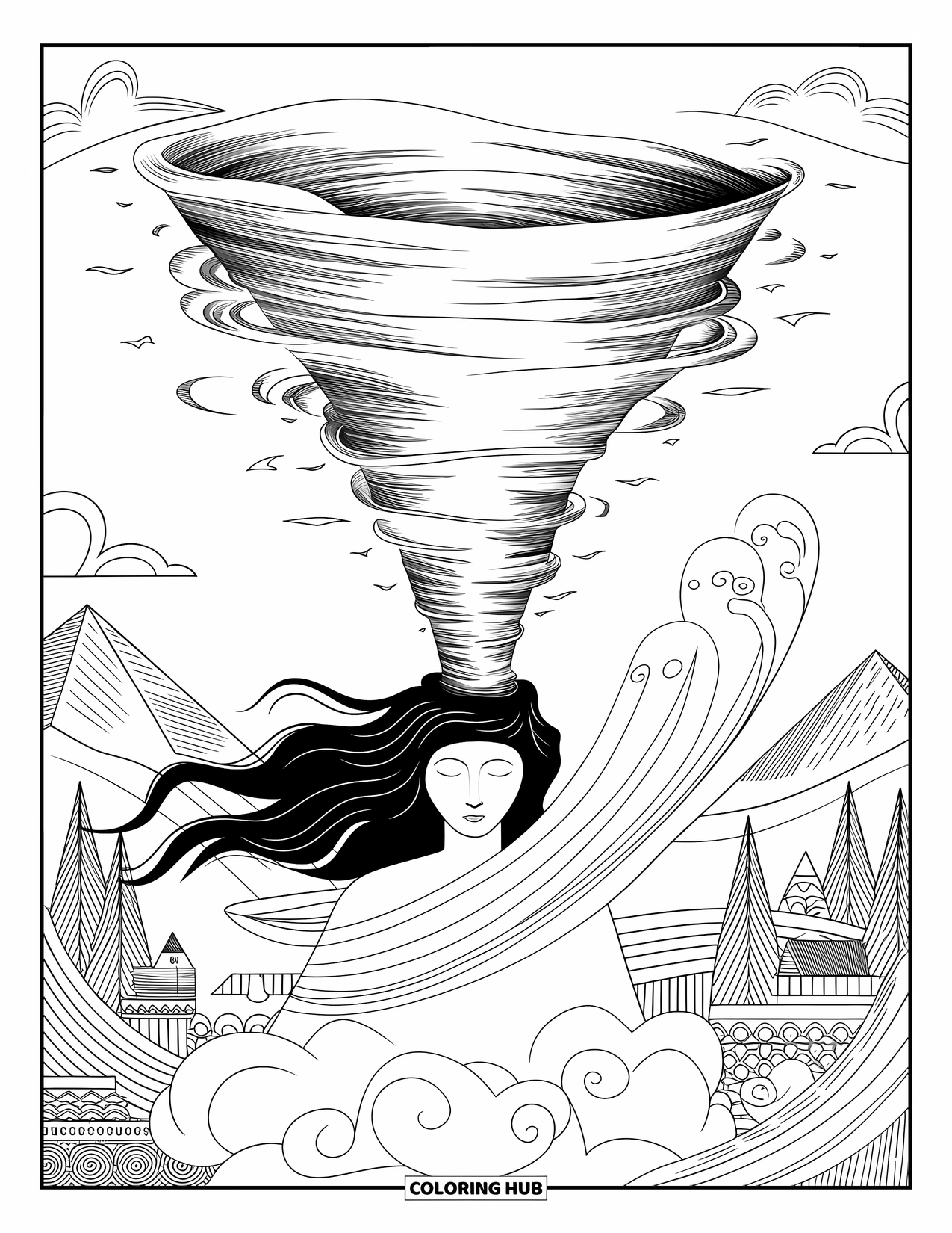 Tornado Coloring Page for Adults: A goddess stands on a cloud as swirling wind forms a symbolic tornado around her
