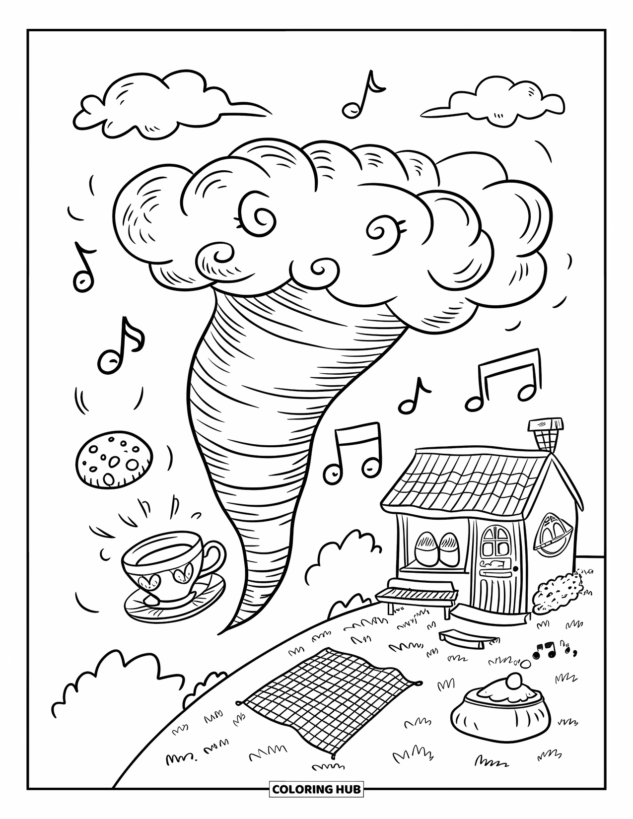 Tornado Coloring Page for Adults: A happy tornado lifts a cookie and teacup near a cozy tea shop under floating clouds
