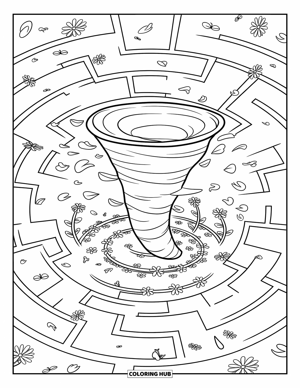 Tornado Coloring Page for Adults: A peaceful tornado sits in a garden maze with petals, butterflies, and curly vines