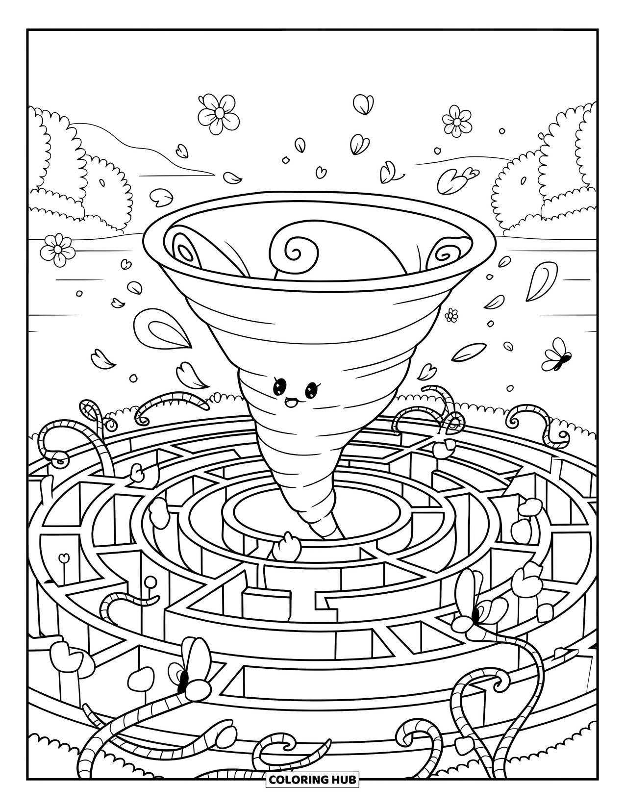 Tornado Coloring Page for Adults: A swirl tornado sits in a maze, floating petals and butterflies near trees and a calm lake