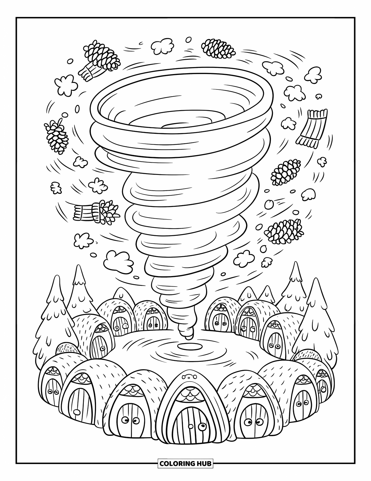Tornado Coloring Page for Adults: A swirling tornado floats scarves and mittens around acorn huts and happy woodland animals