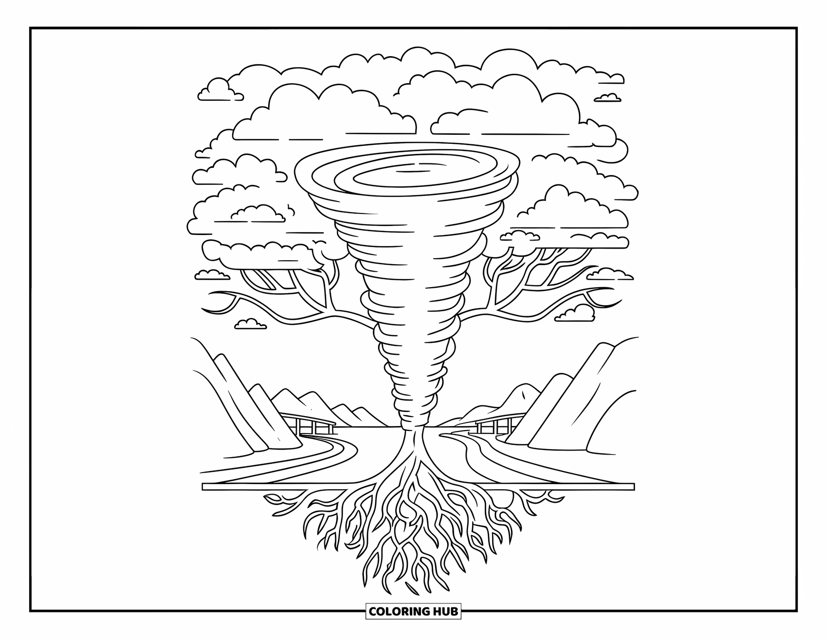 Tornado Coloring Page for Adults: A swirling tornado merges with a tree of life near mountains, a bridge, and a river
