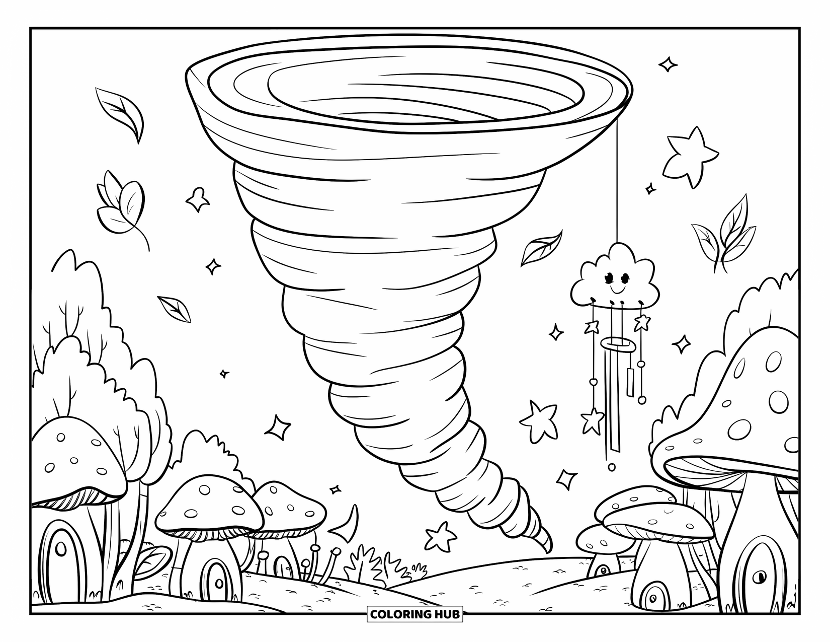 Tornado Coloring Page for Adults: A swirling tornado moves through mushroom homes, lifting stars and leaves as it passes