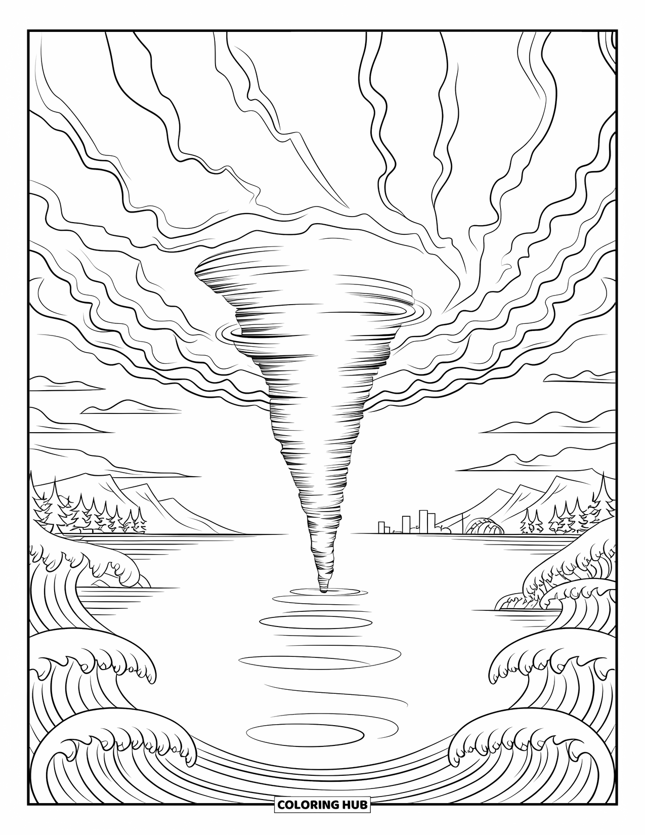Tornado Coloring Page for Adults: A swirling tornado rises above ocean waves and distant mountains with soft, balanced clouds