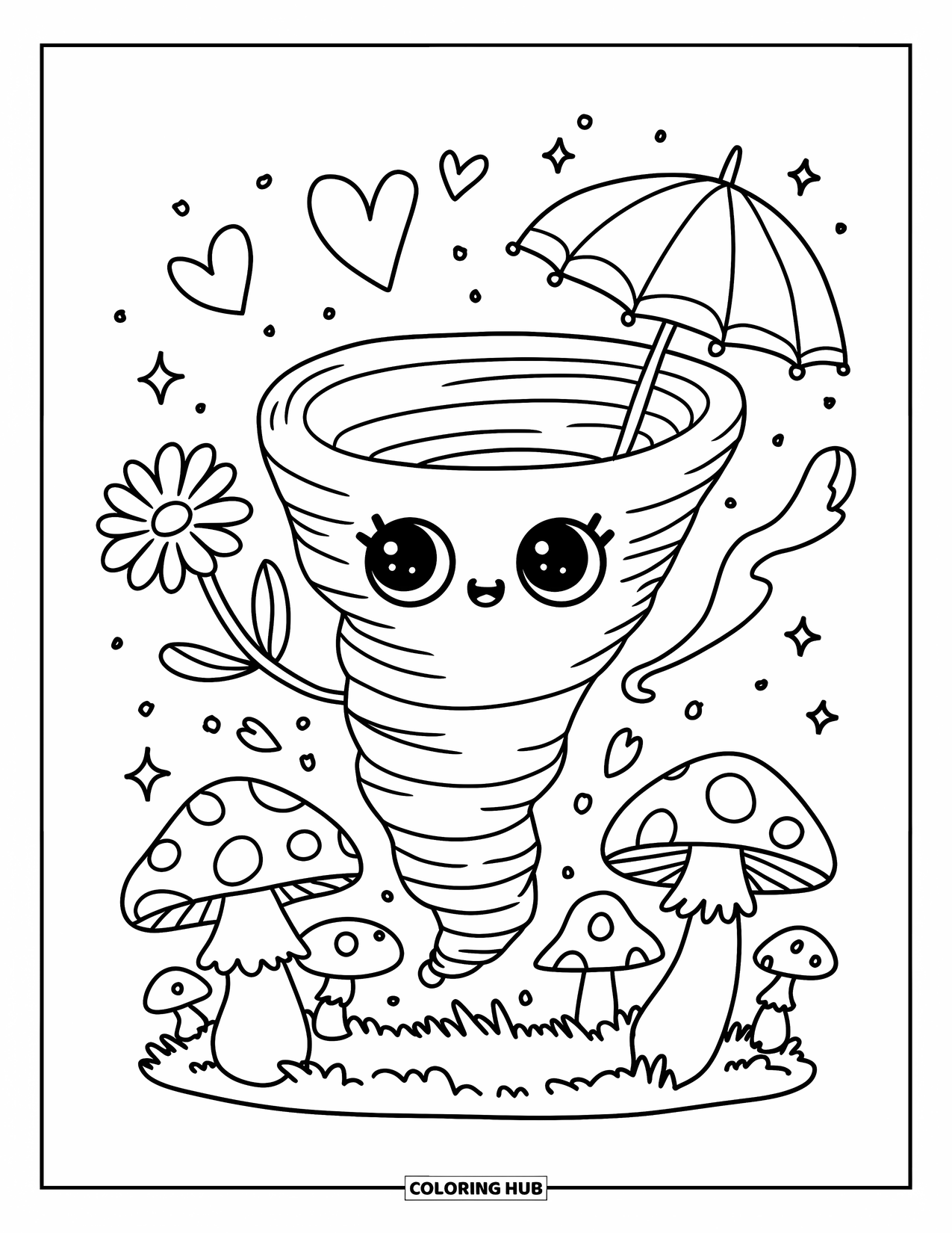 Tornado Coloring Page for Adults: A tiny tornado with a sweet face lifts an umbrella and daisy above mushrooms and sparkles