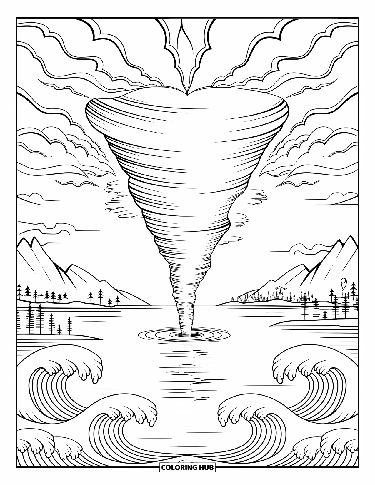 Tornado Coloring Page for Adults: A tornado forms above a calm ocean with curling waves and mirrored clouds overhead