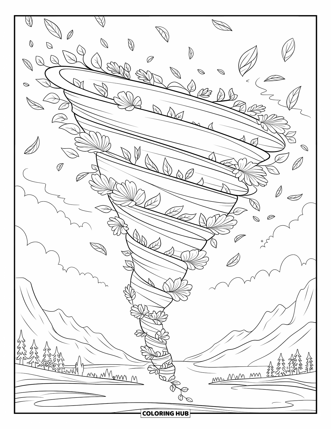 Tornado Coloring Page for Adults: A tornado of petals and vines rises near trees and water in a peaceful landscape