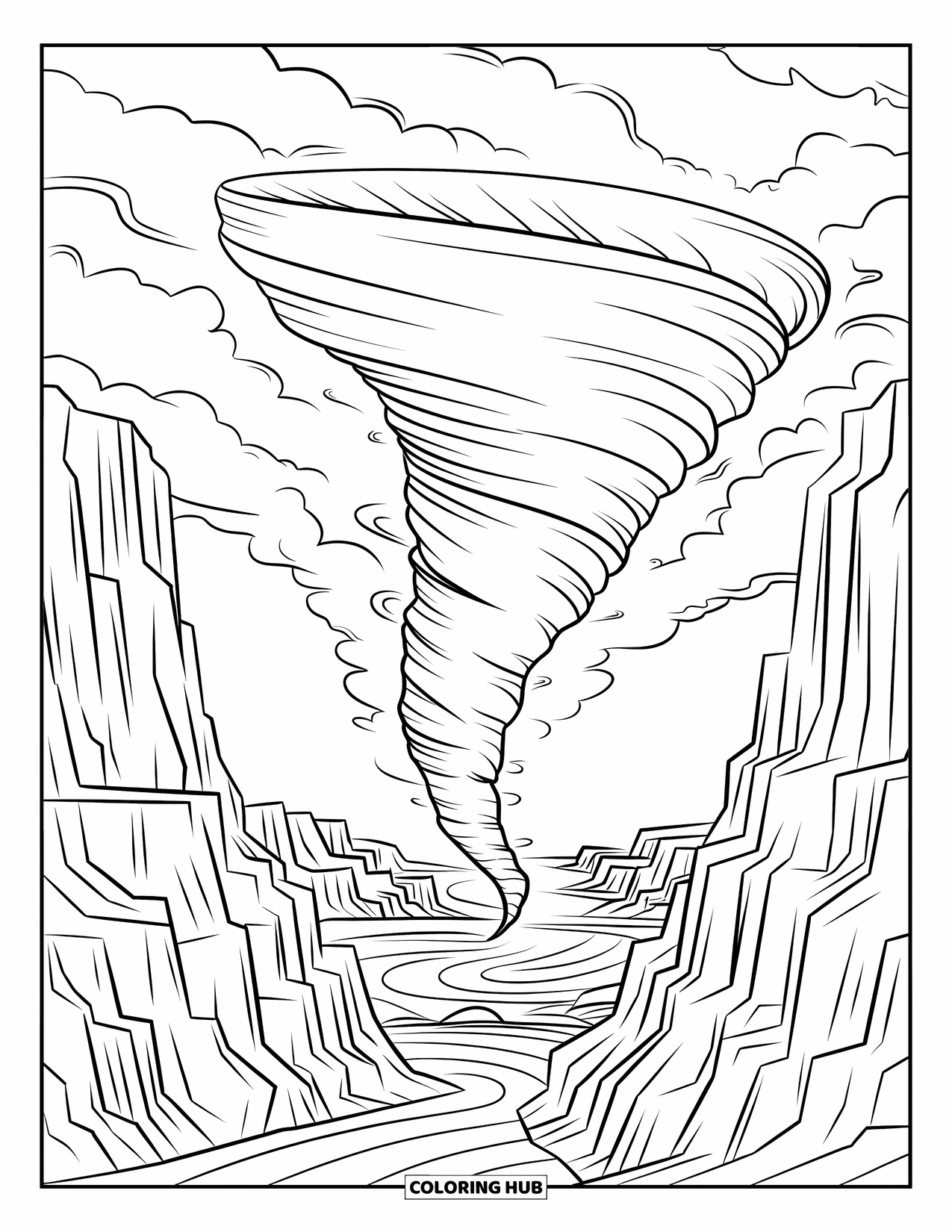 Tornado Coloring Page for Adults: A tornado spins between cliffs surrounded by textured rock and a wide, open landscape
