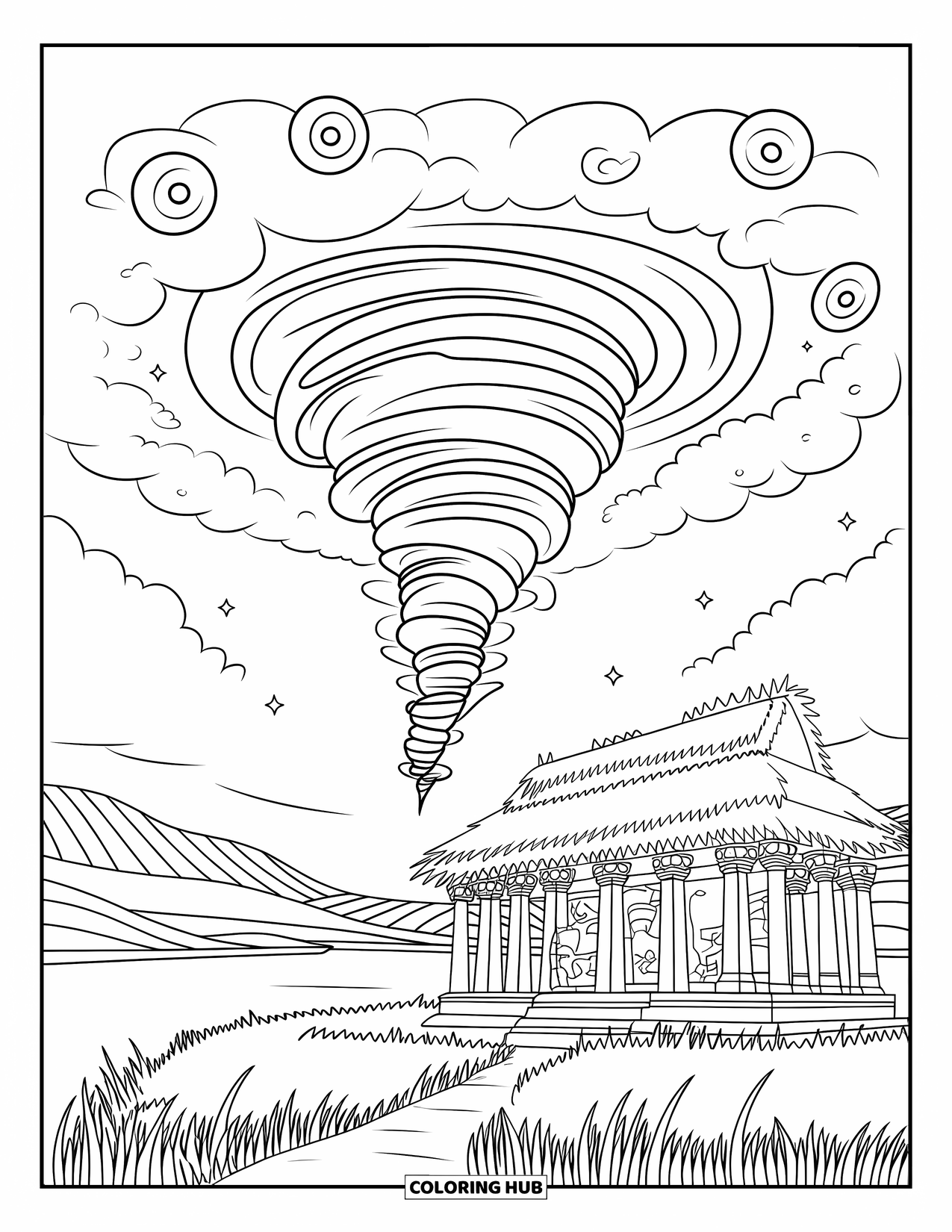 Tornado Coloring Page for Adults: A tornado twists over a hilltop temple with stars and symbols in a calm lakeside scene