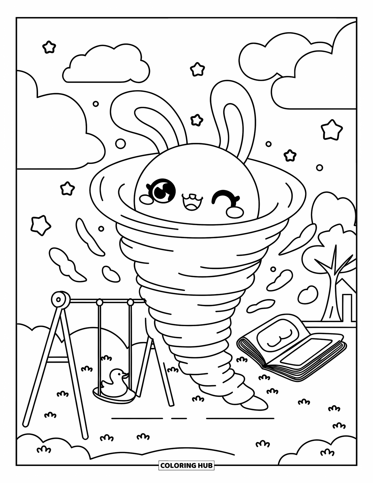 Tornado Coloring Page for Adults: A tornado with bunny ears lifts a swing, rubber duck, and book over a playground