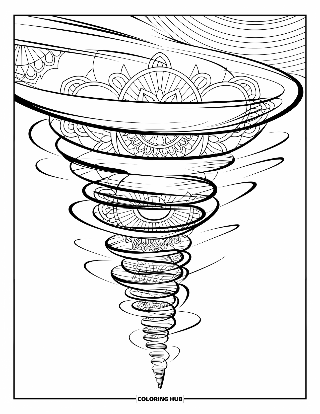 Tornado Coloring Page for Adults: A tornado with layered mandala designs swirls upward in a peaceful, open setting