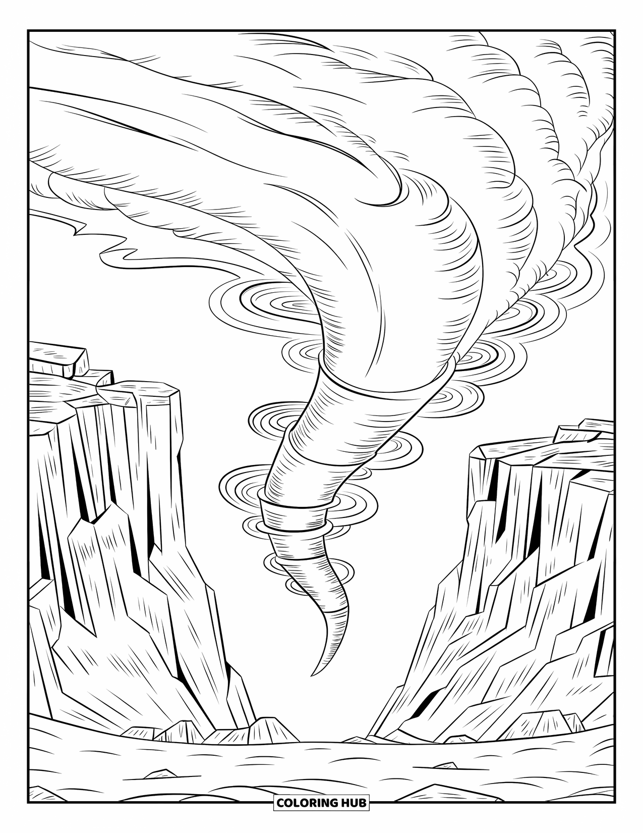 Tornado Coloring Page for Adults: A twisting tornado with swirling winds moves between rugged cliffs in a vast, rocky terrain