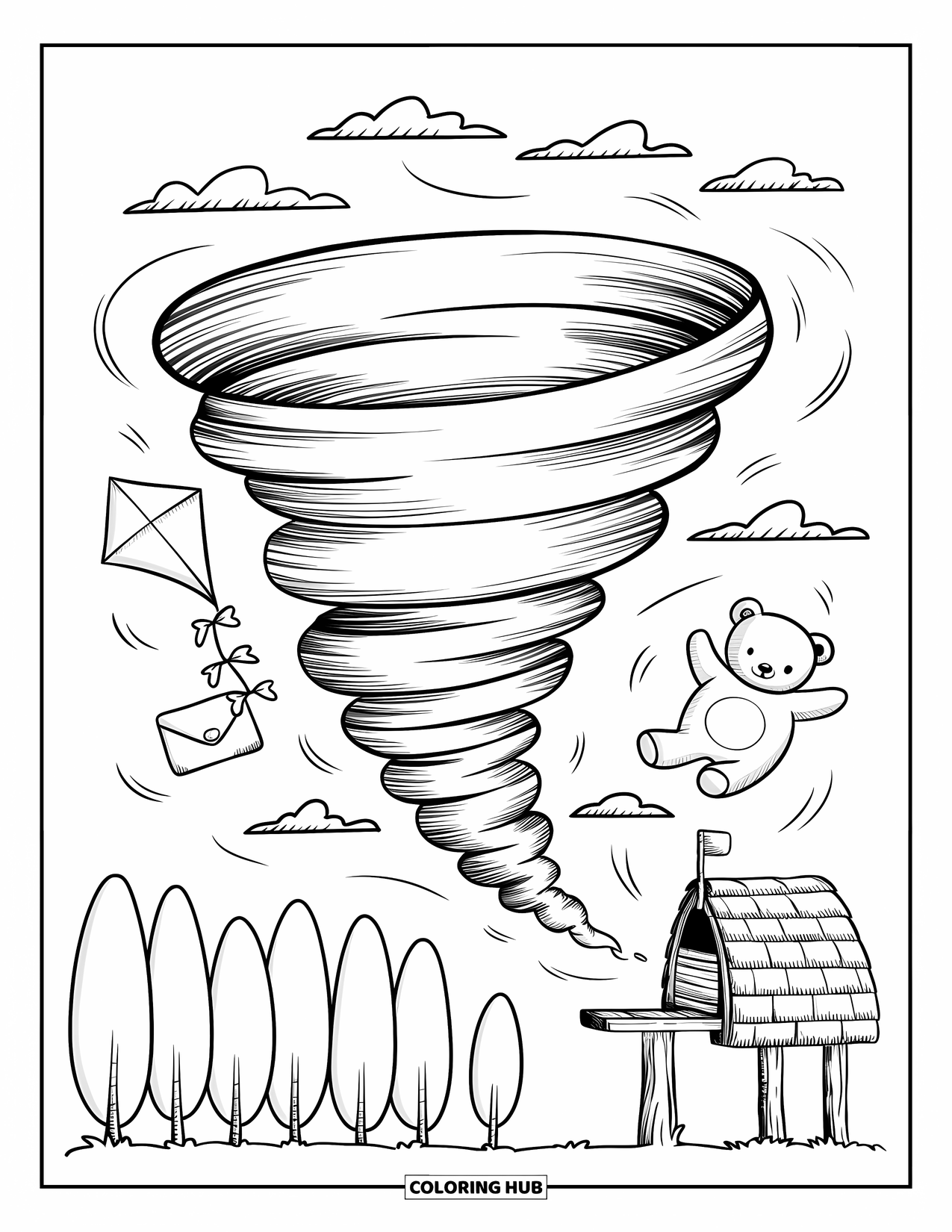 Tornado Coloring Page for Adults: A whipped tornado lifts a kite, teddy bear, and mail near treetops and a mailbox hut