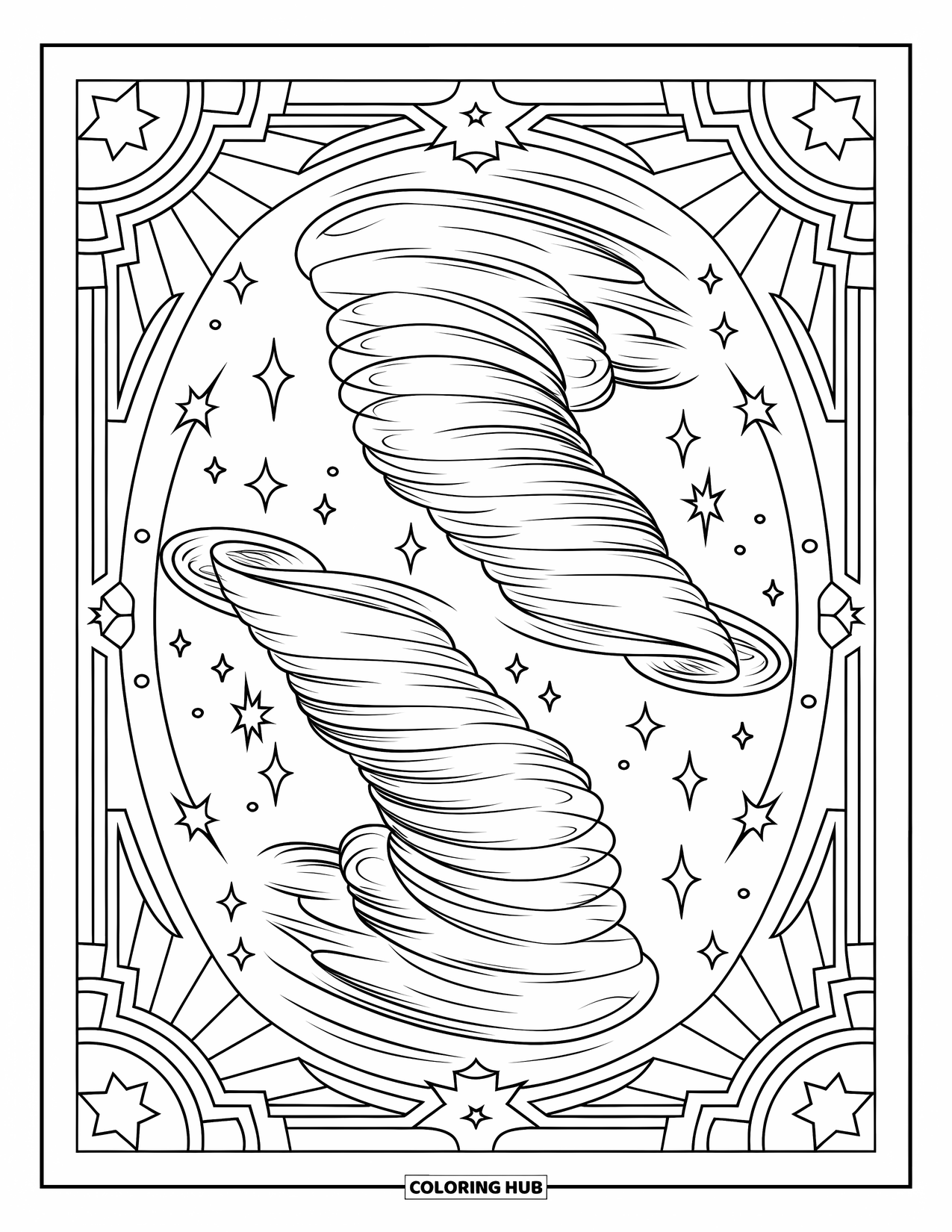 Tornado Coloring Page for Adults: Matching tornadoes spin in reverse directions, surrounded by decorative borders and stars